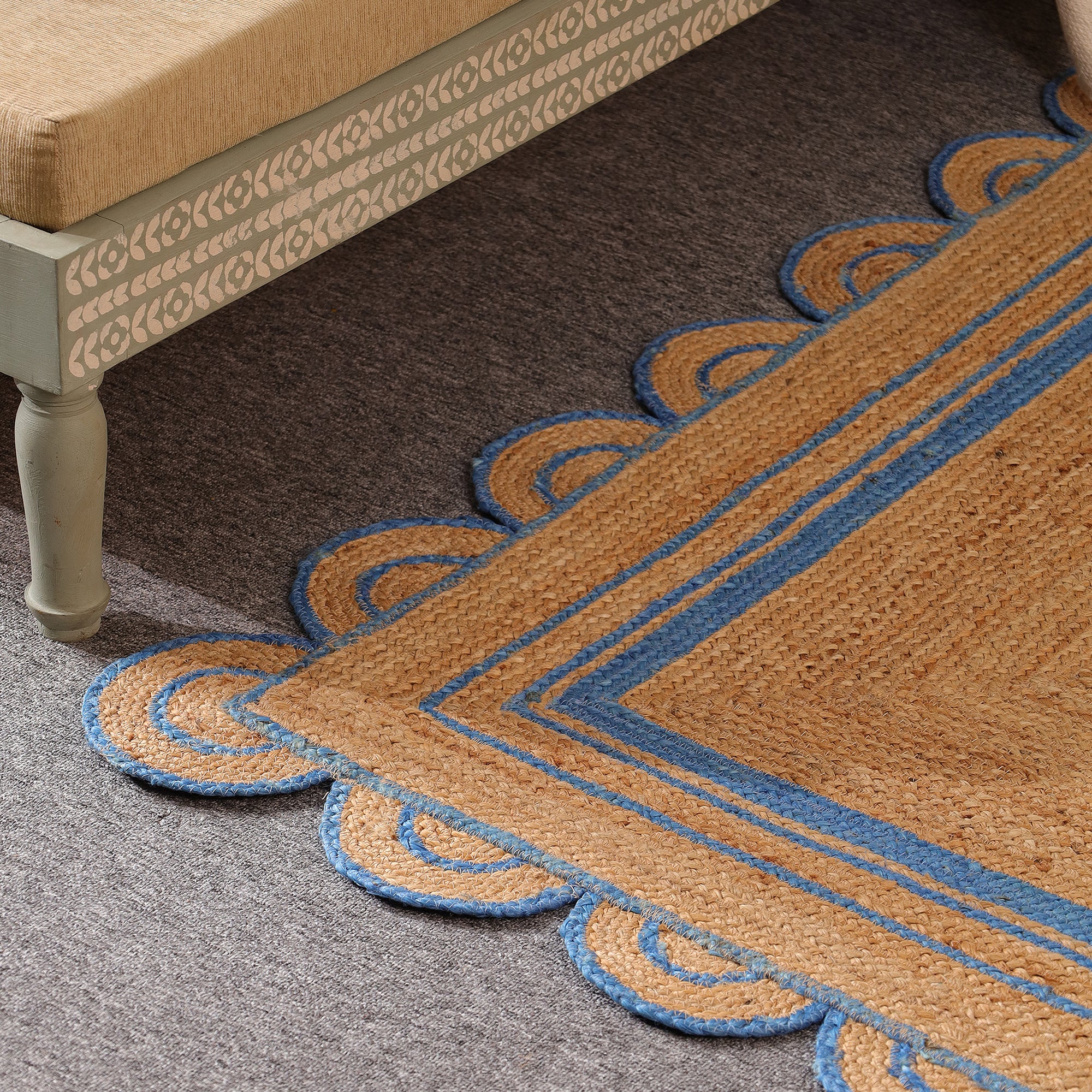 Handwoven Natural Jute Area Rug with Sky Blue Scalloped Border | Farmhouse Boho Indoor Rug