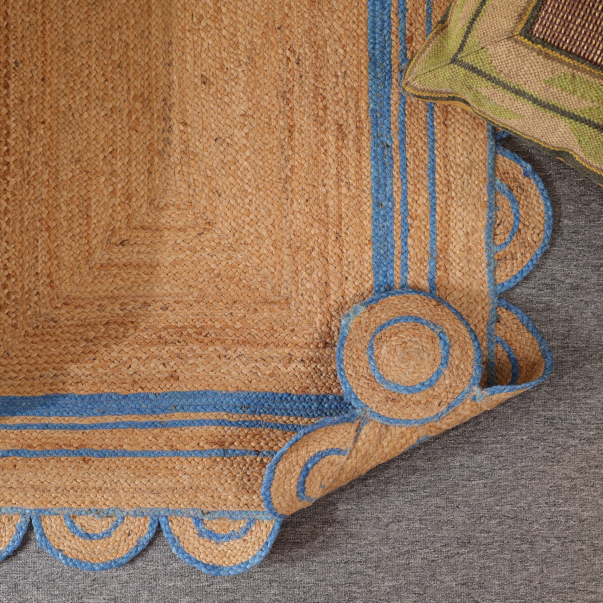 Handwoven Natural Jute Area Rug with Sky Blue Scalloped Border | Farmhouse Boho Indoor Rug