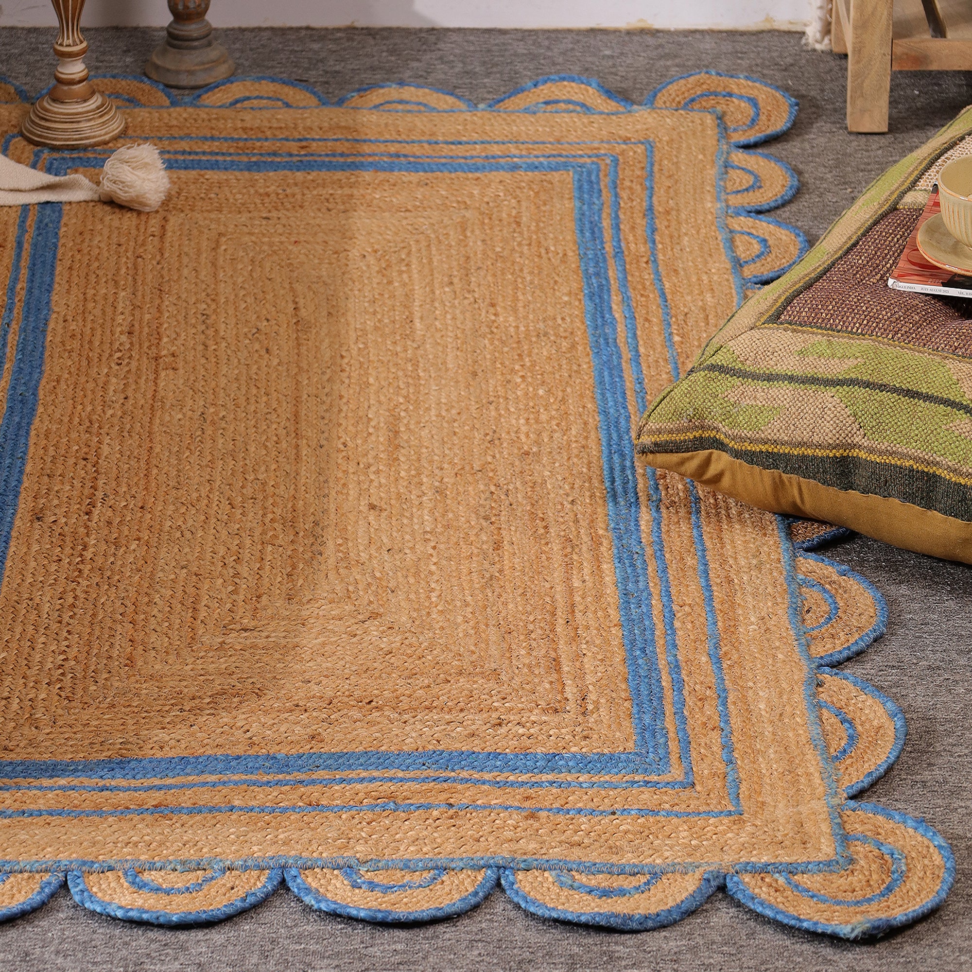 Handwoven Natural Jute Area Rug with Sky Blue Scalloped Border | Farmhouse Boho Indoor Rug
