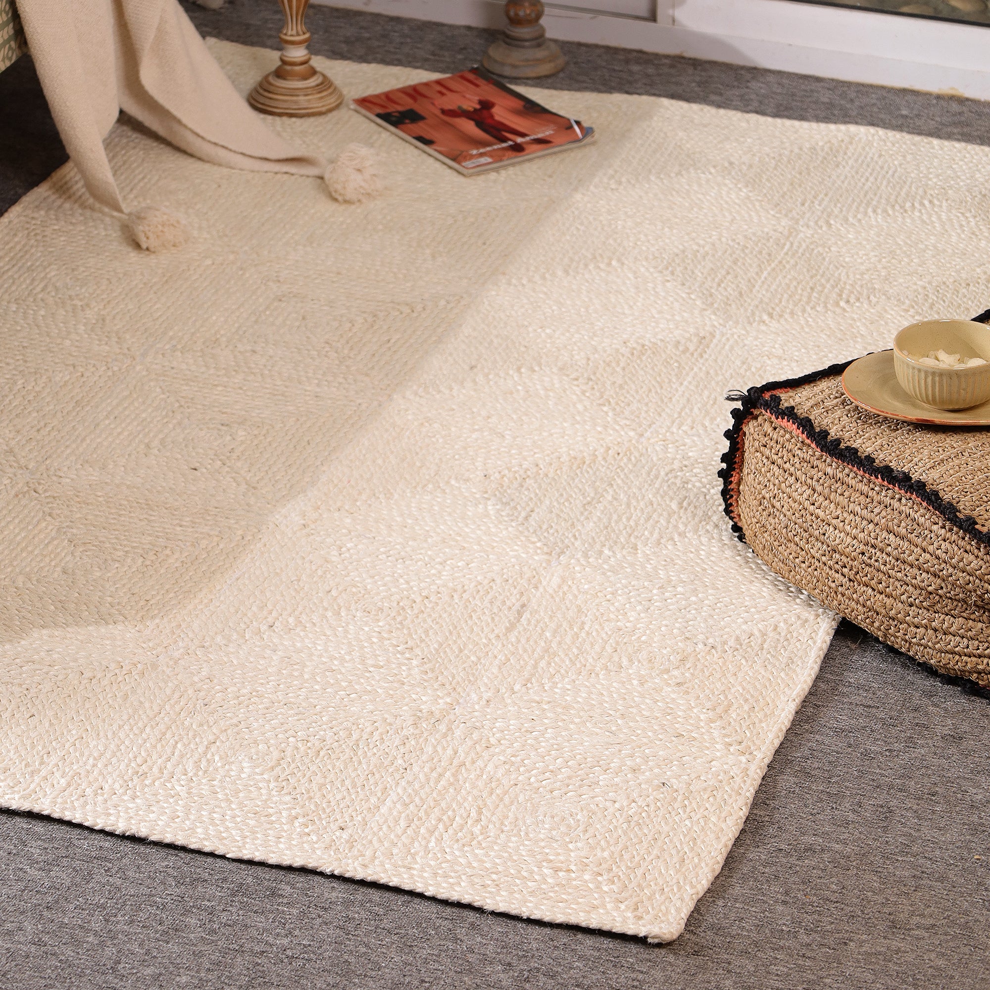 Handwoven Ivory Jute Area Rug - Natural Boho Living Room Carpet Eco-Friendly Home Decor
