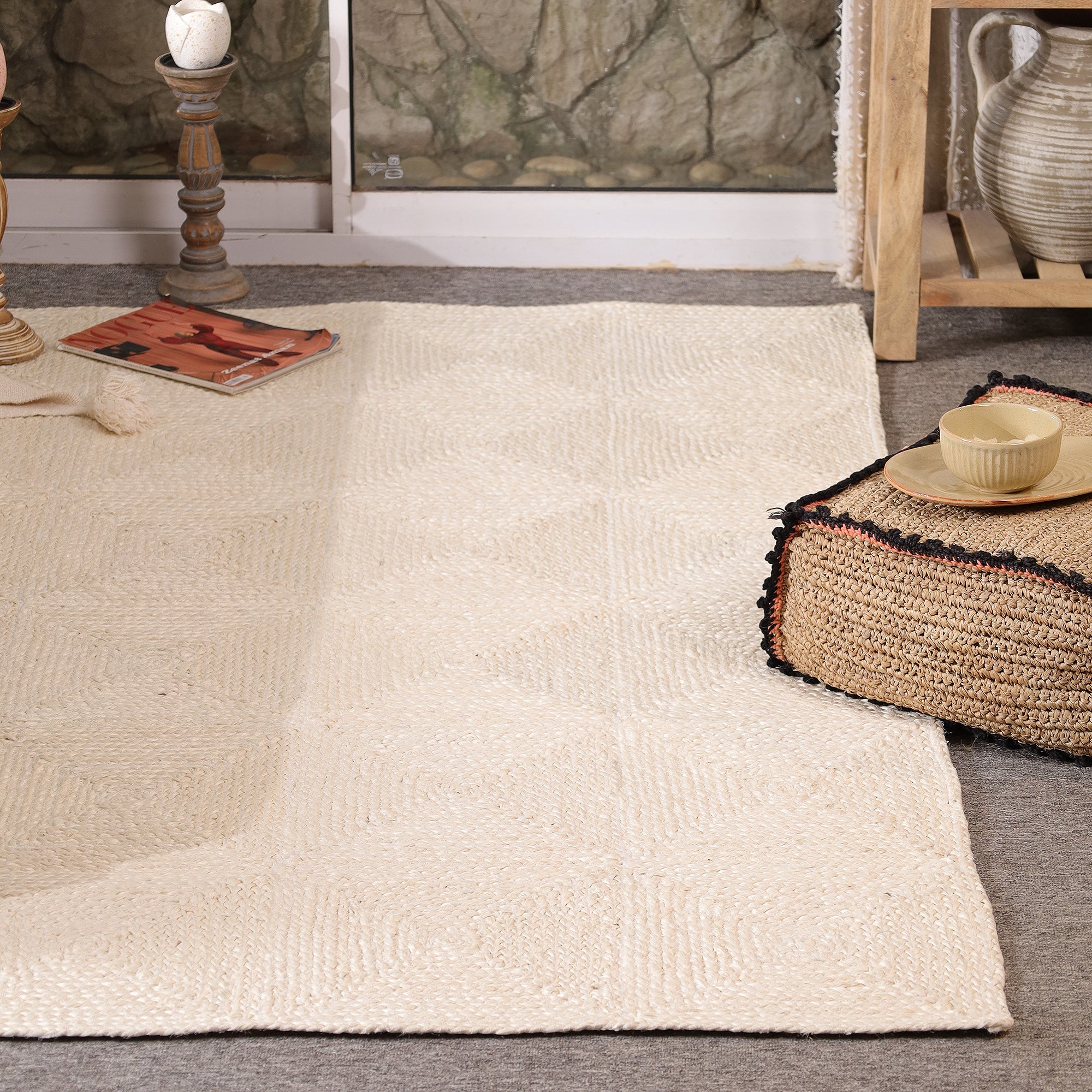 Handwoven Ivory Jute Area Rug - Natural Boho Living Room Carpet Eco-Friendly Home Decor