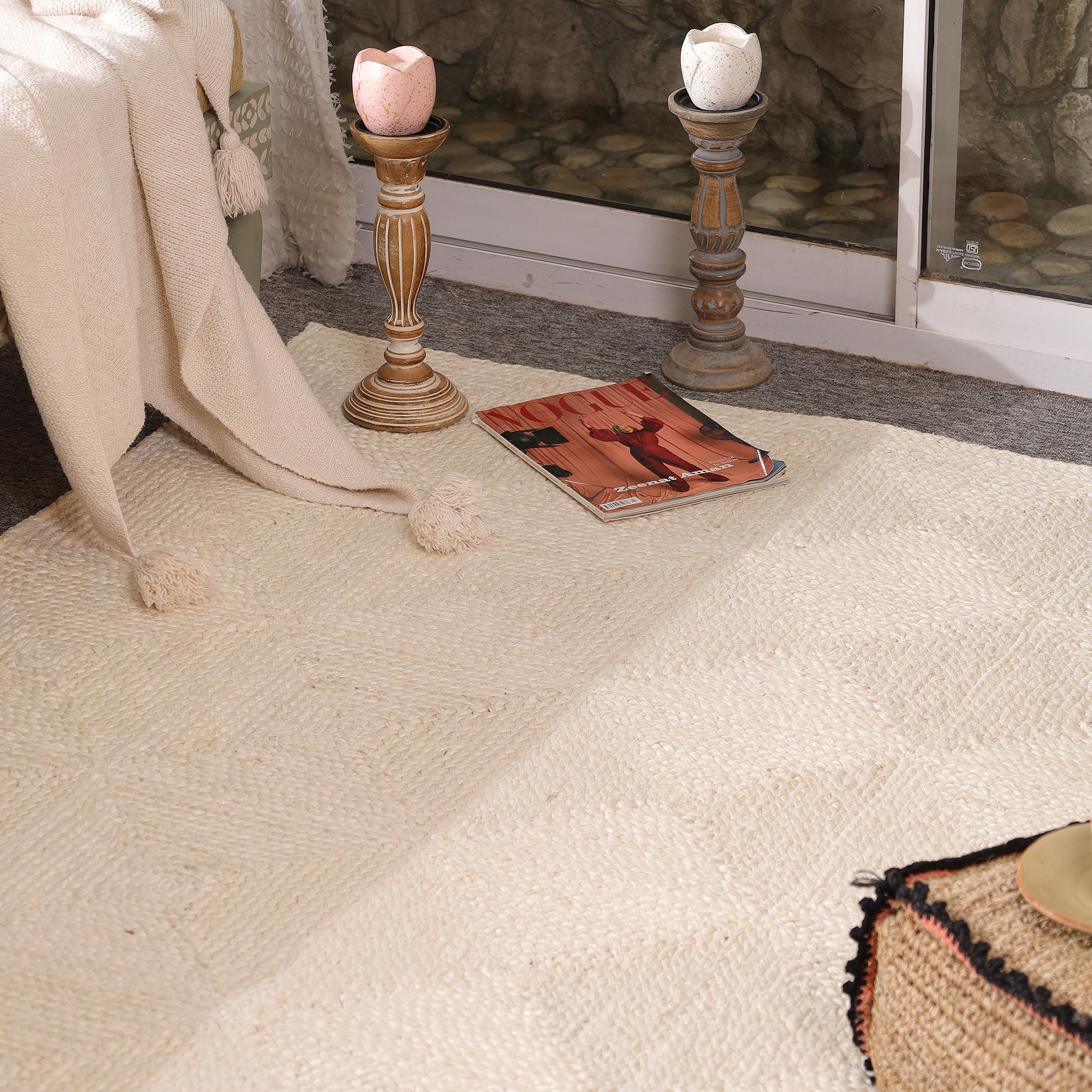 Handwoven Ivory Jute Area Rug - Natural Boho Living Room Carpet Eco-Friendly Home Decor
