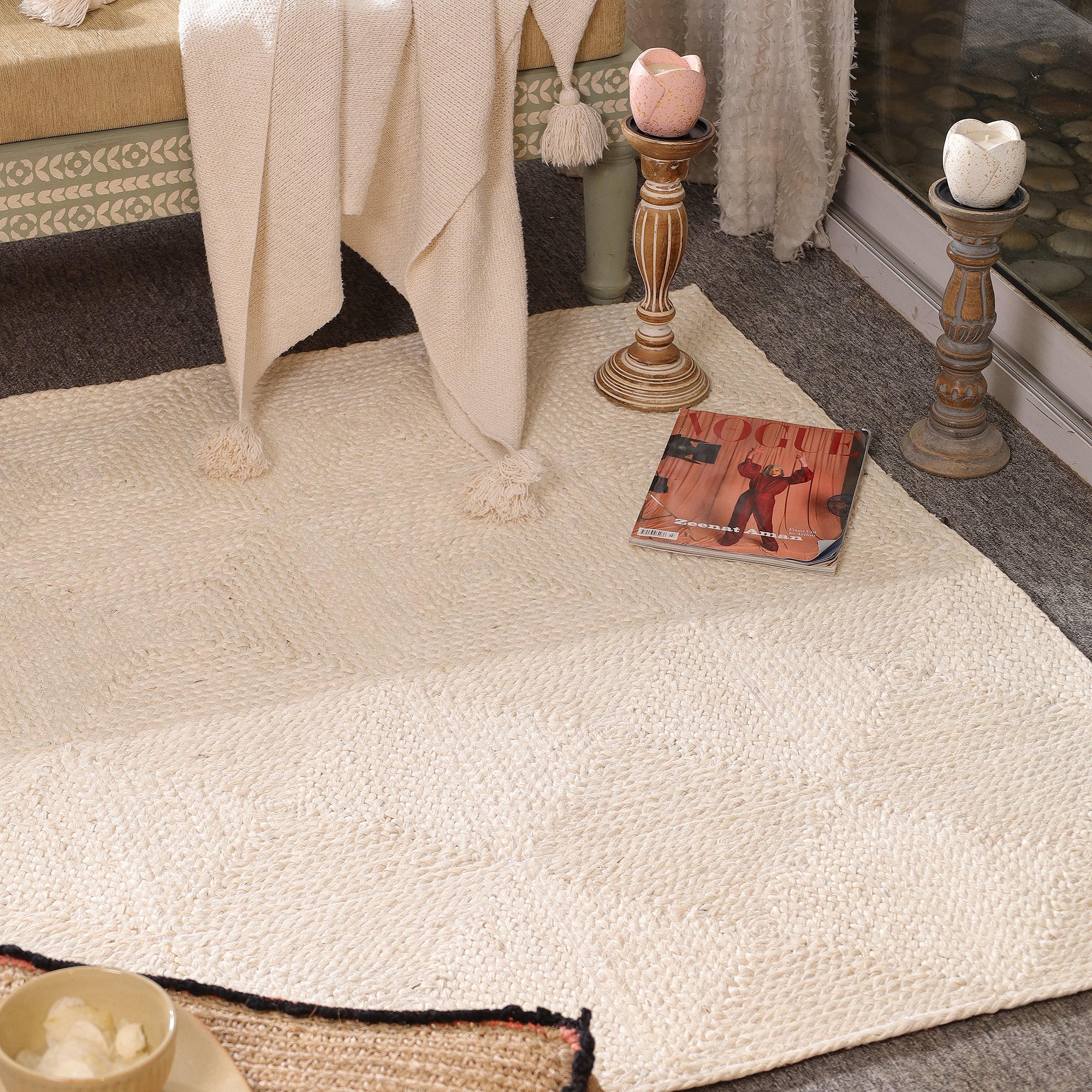 Handwoven Ivory Jute Area Rug - Natural Boho Living Room Carpet Eco-Friendly Home Decor