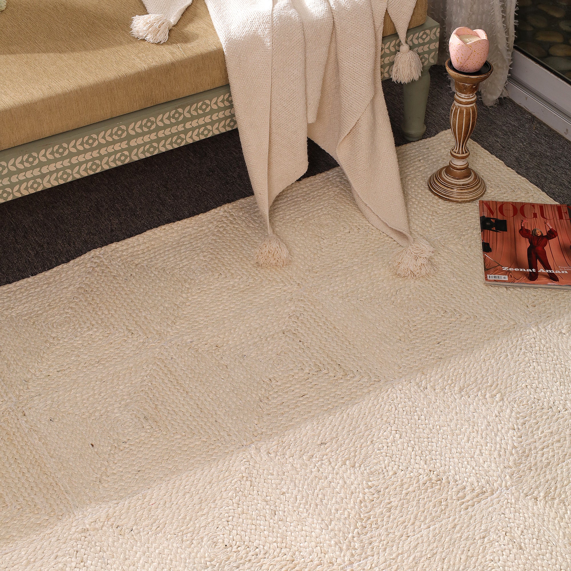 Handwoven Ivory Jute Area Rug - Natural Boho Living Room Carpet Eco-Friendly Home Decor