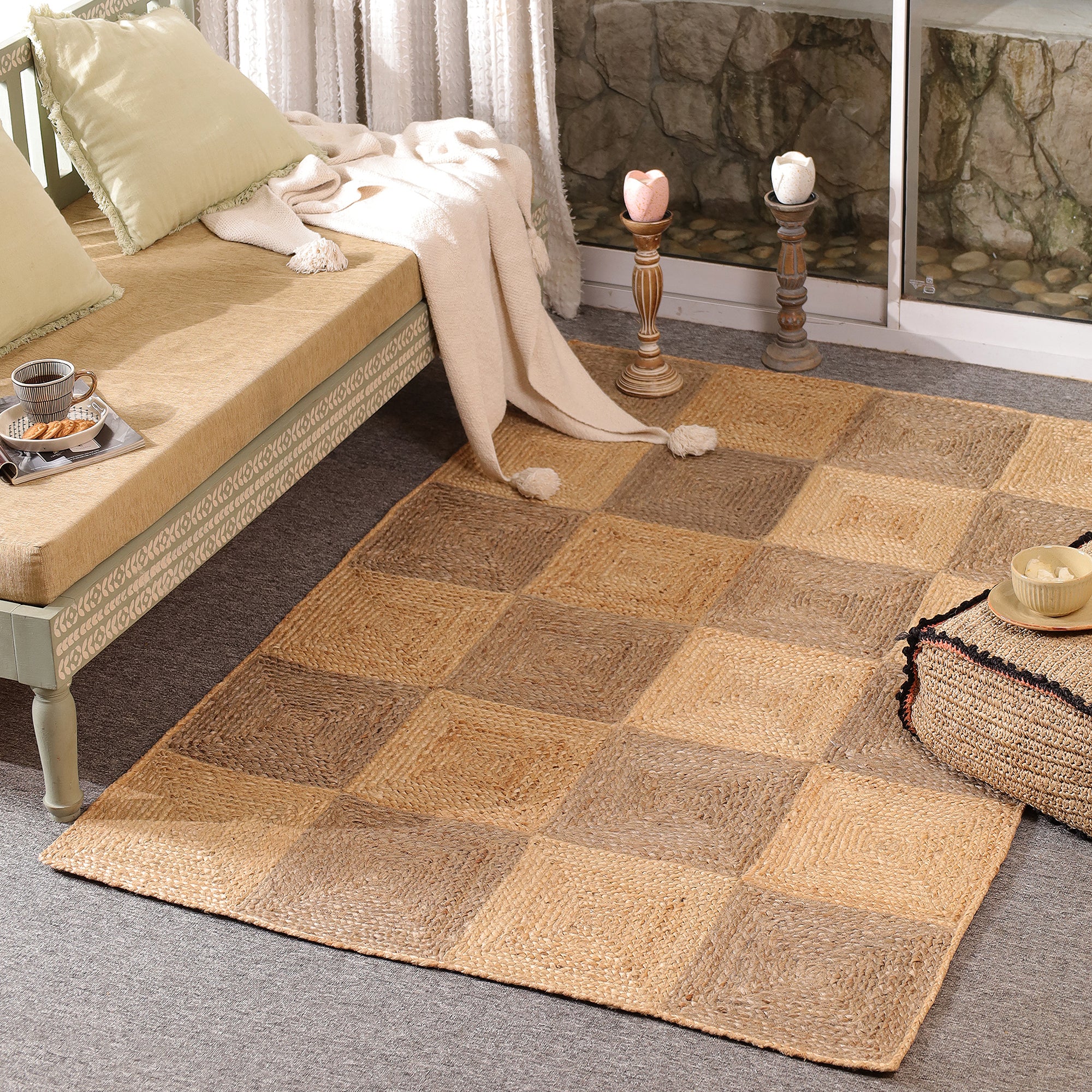 Handwoven Natural Jute Checkered Area Rug Eco-Friendly Bogo Living Room
