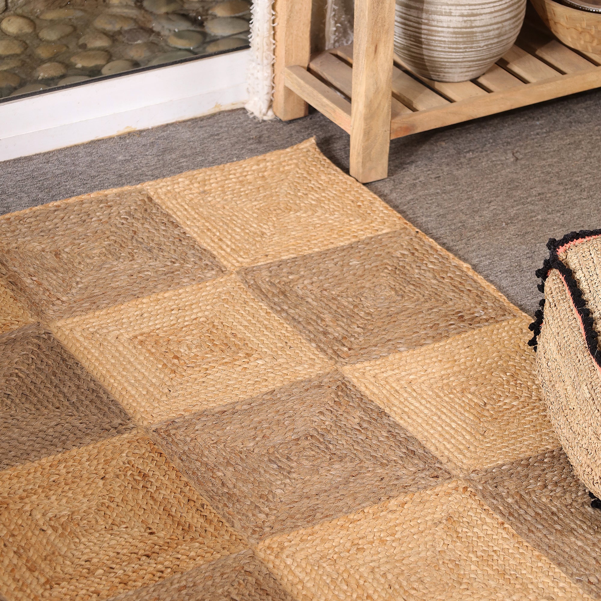 Handwoven Natural Jute Checkered Area Rug Eco-Friendly Bogo Living Room