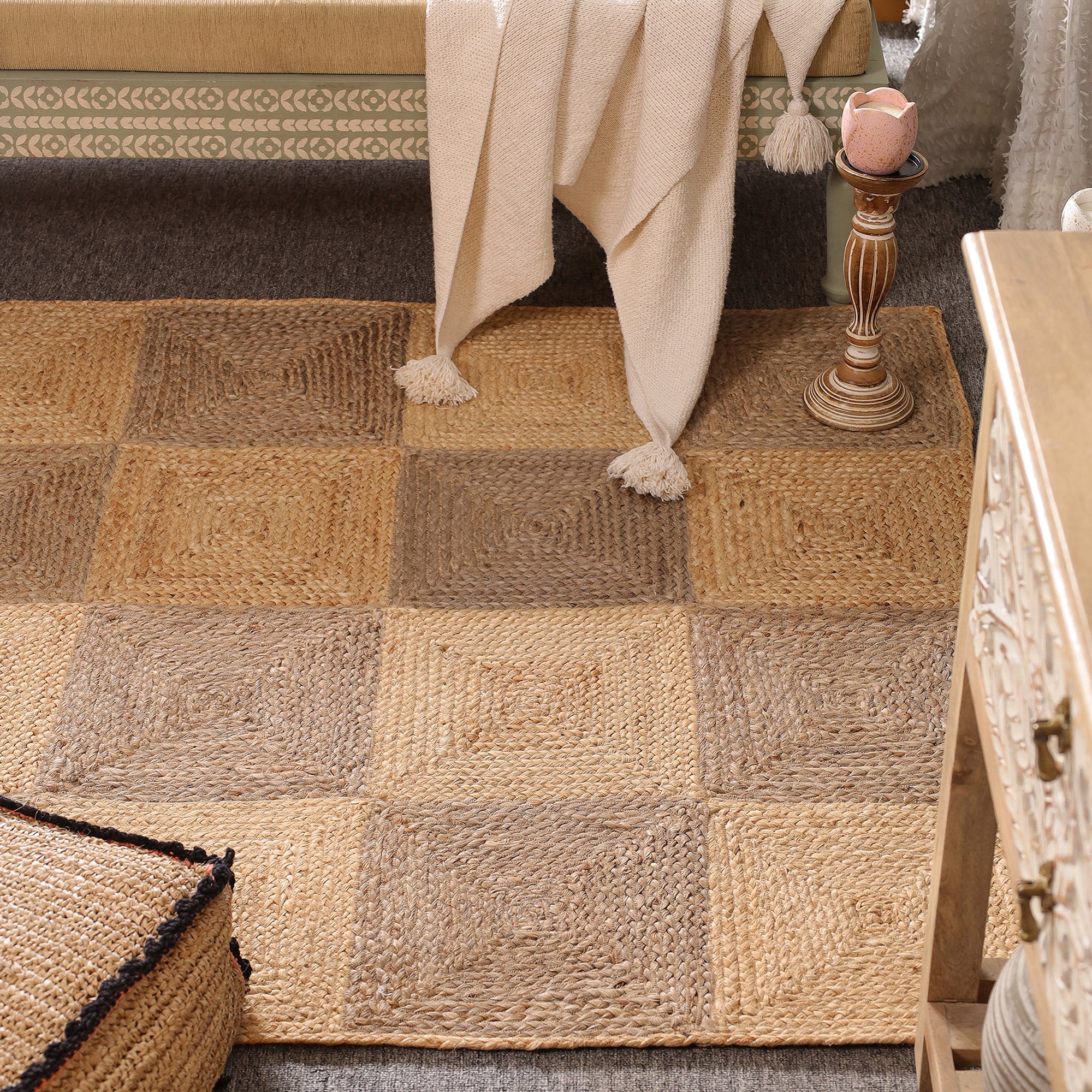 Handwoven Natural Jute Checkered Area Rug Eco-Friendly Bogo Living Room