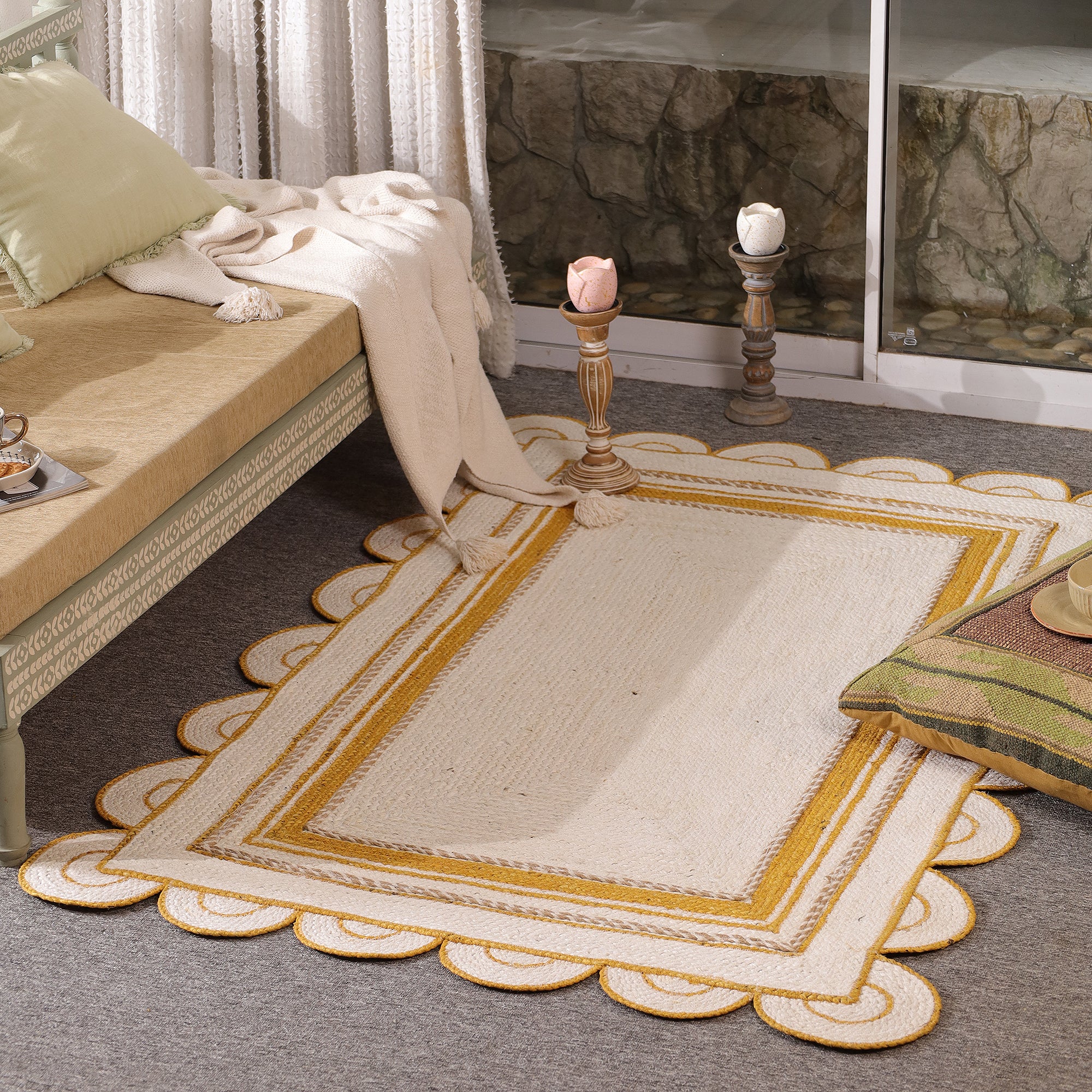 Handwoven White & Mustard Jute Area Rug with Scalloped Border Natural Boho Farmhouse carpet