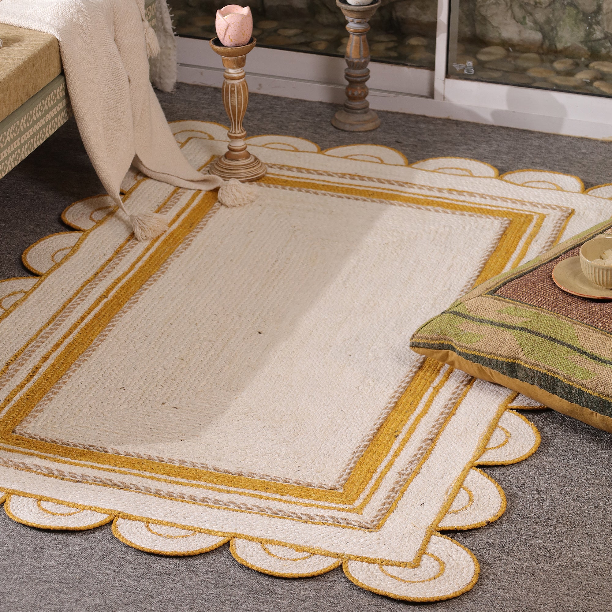 Handwoven White & Mustard Jute Area Rug with Scalloped Border Natural Boho Farmhouse carpet