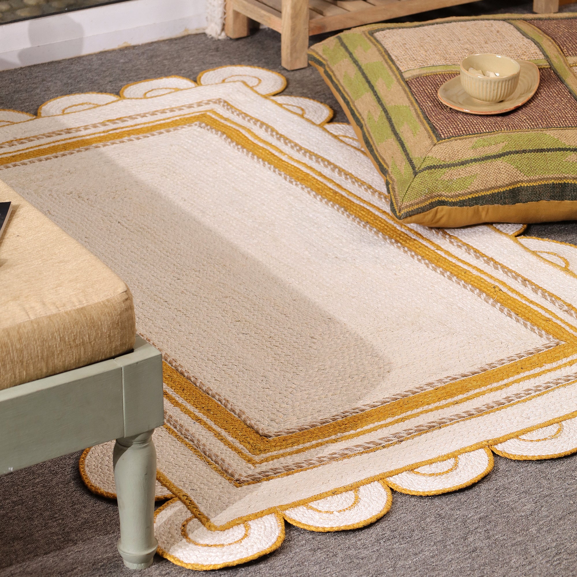 Handwoven White & Mustard Jute Area Rug with Scalloped Border Natural Boho Farmhouse carpet