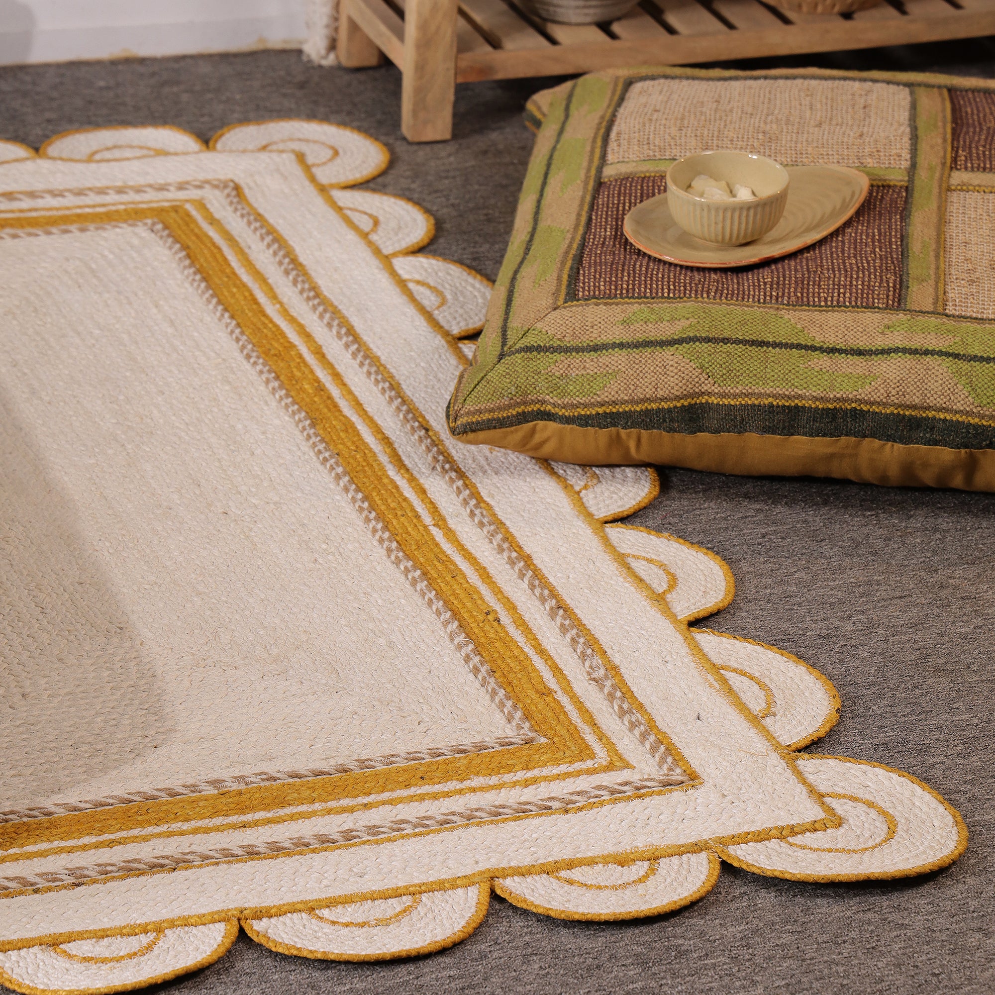 Handwoven White & Mustard Jute Area Rug with Scalloped Border Natural Boho Farmhouse carpet