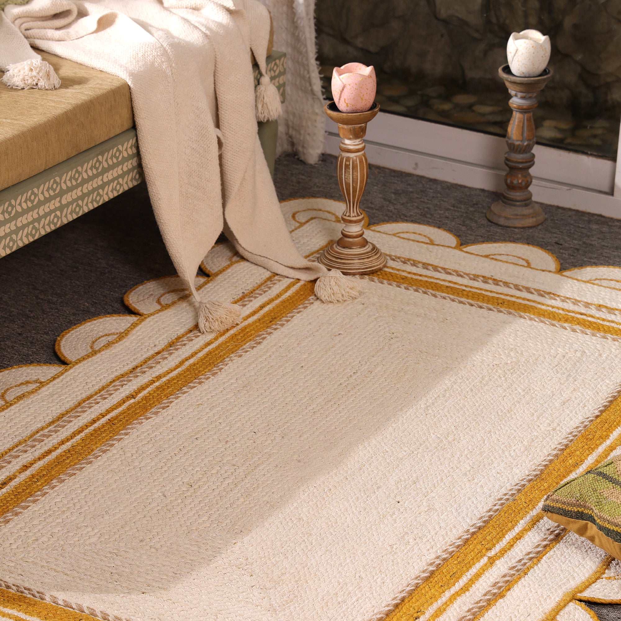 Handwoven White & Mustard Jute Area Rug with Scalloped Border Natural Boho Farmhouse carpet