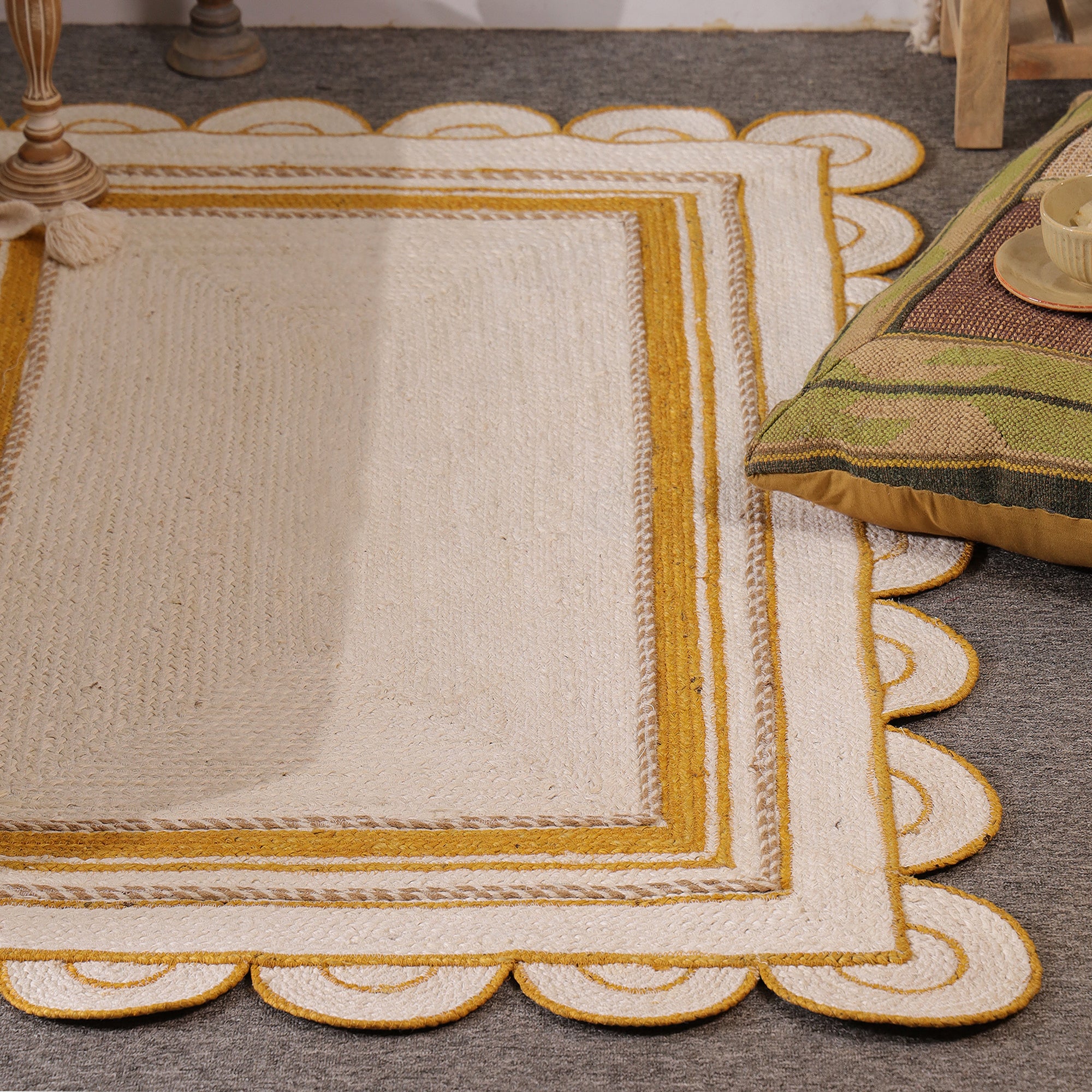 Handwoven White & Mustard Jute Area Rug with Scalloped Border Natural Boho Farmhouse carpet