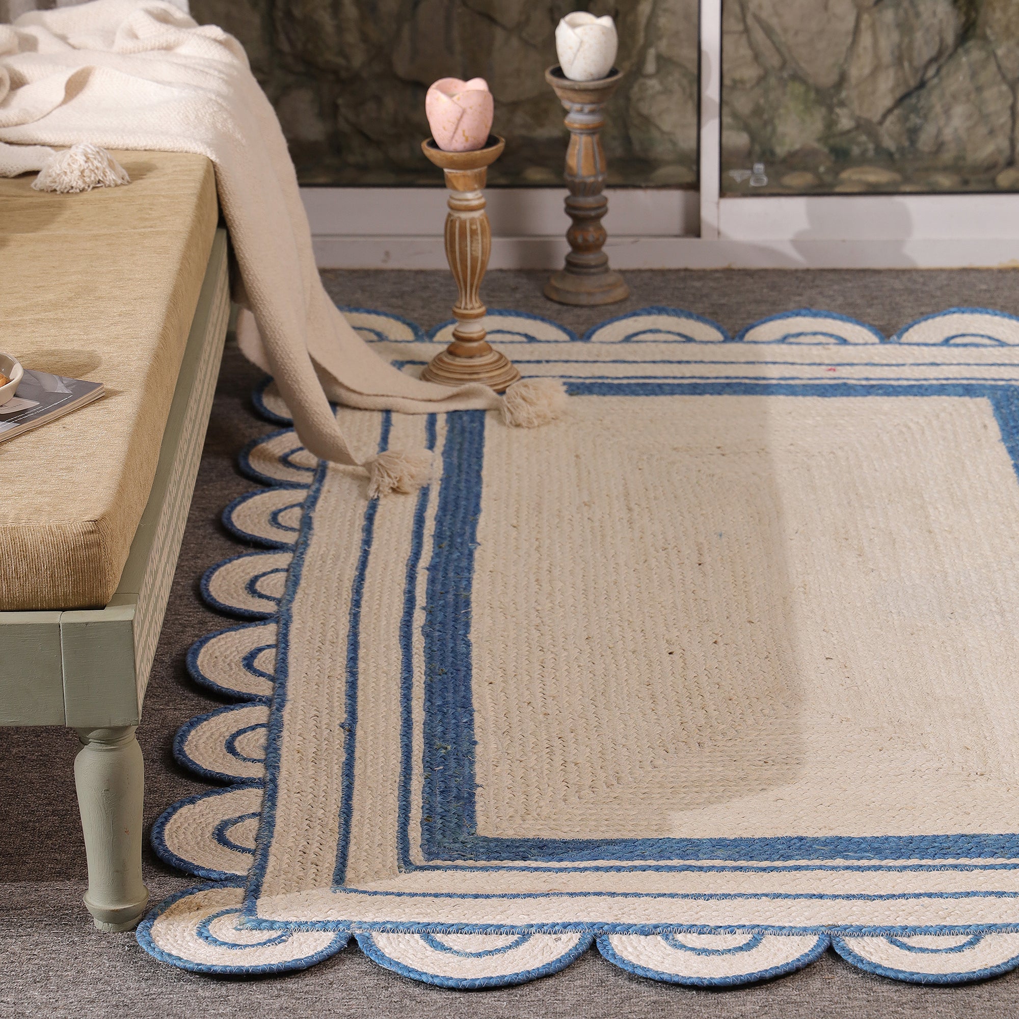 Handwoven Scalloped Border Jute Rug Natural & Blue Braided Area Rug
