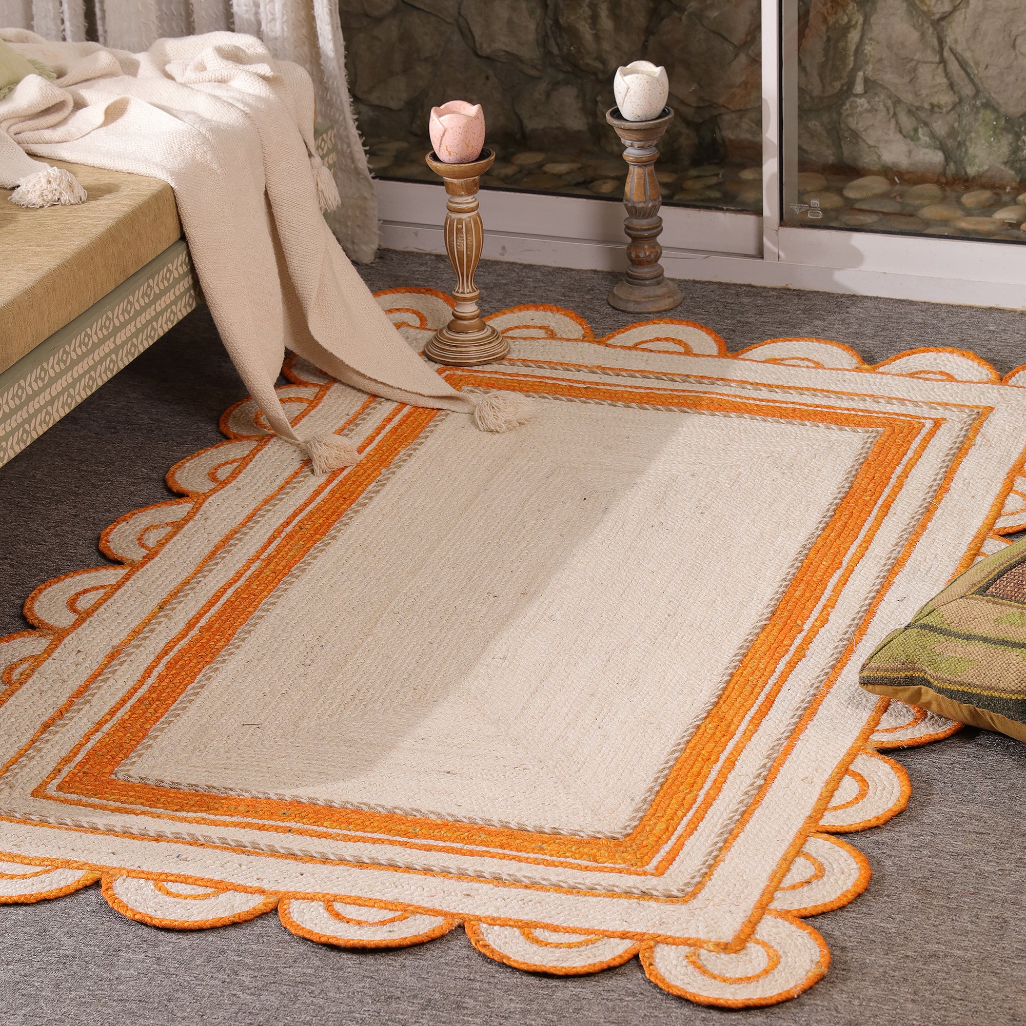 Handwoven Natural Jute Rug with Orange Sacalloped Border Eco-Friendly Braided Area Rug
