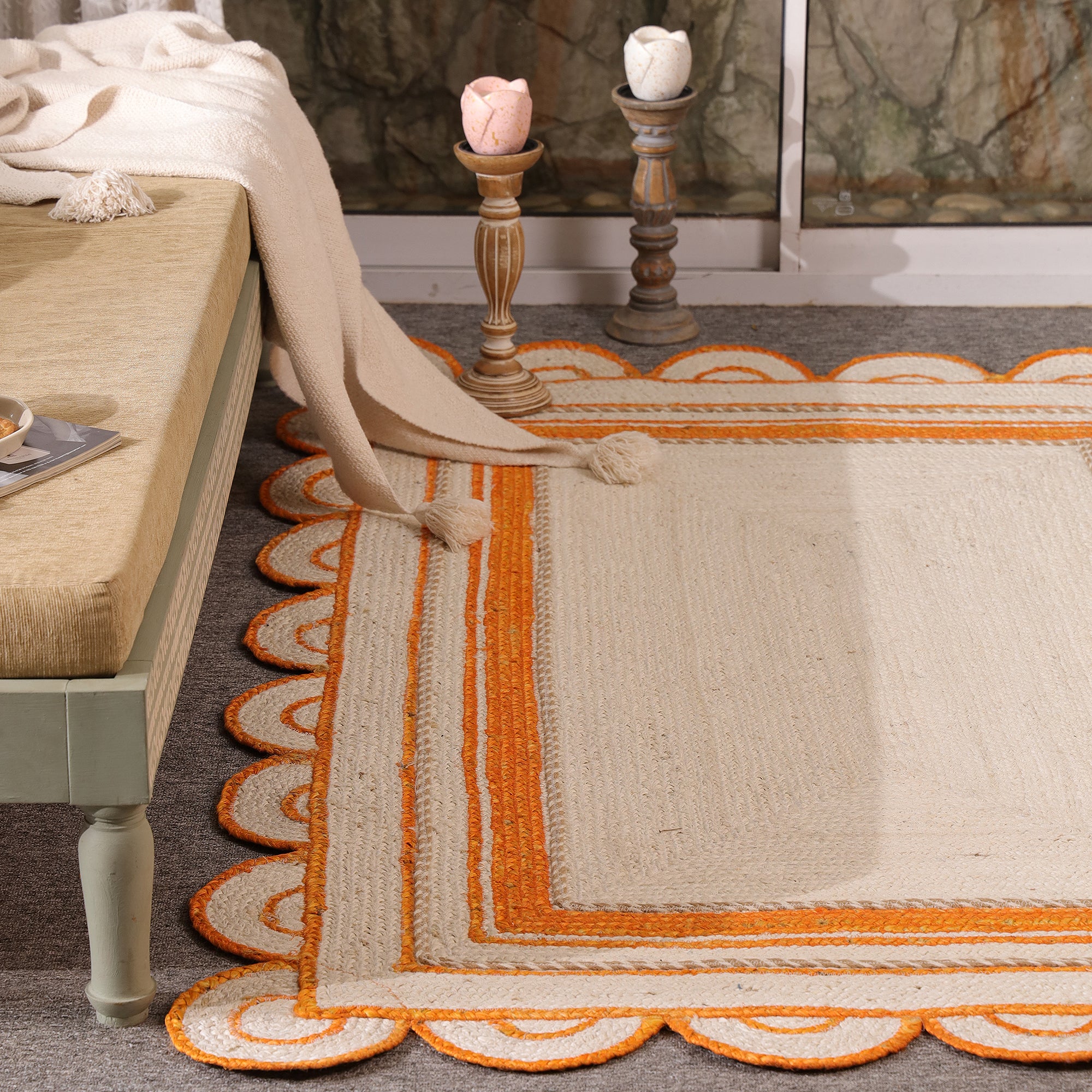 Handwoven Natural Jute Rug with Orange Sacalloped Border Eco-Friendly Braided Area Rug