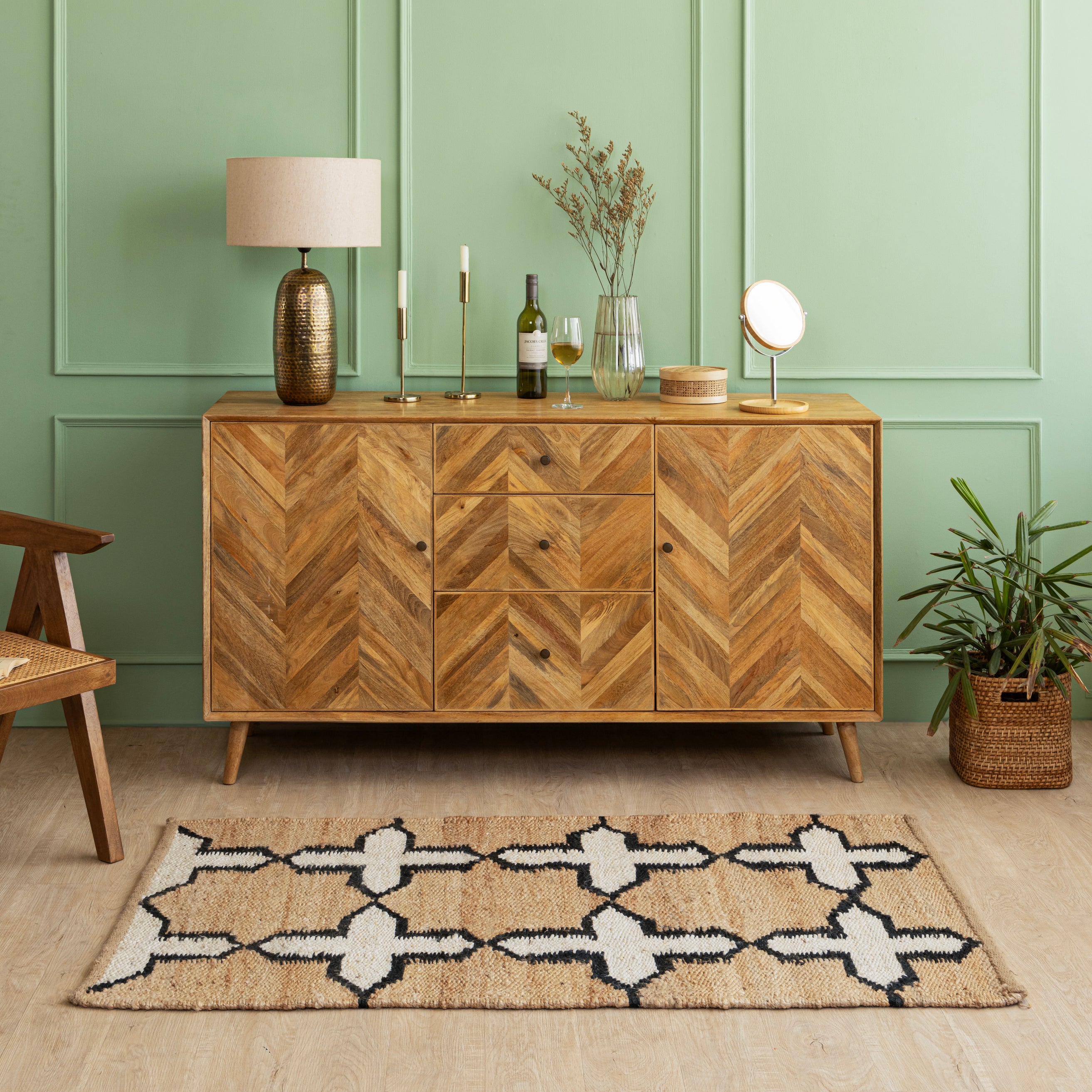 Handwoven Geometric Pattern Hemp Rug - Minimalist Black & White Flatweave