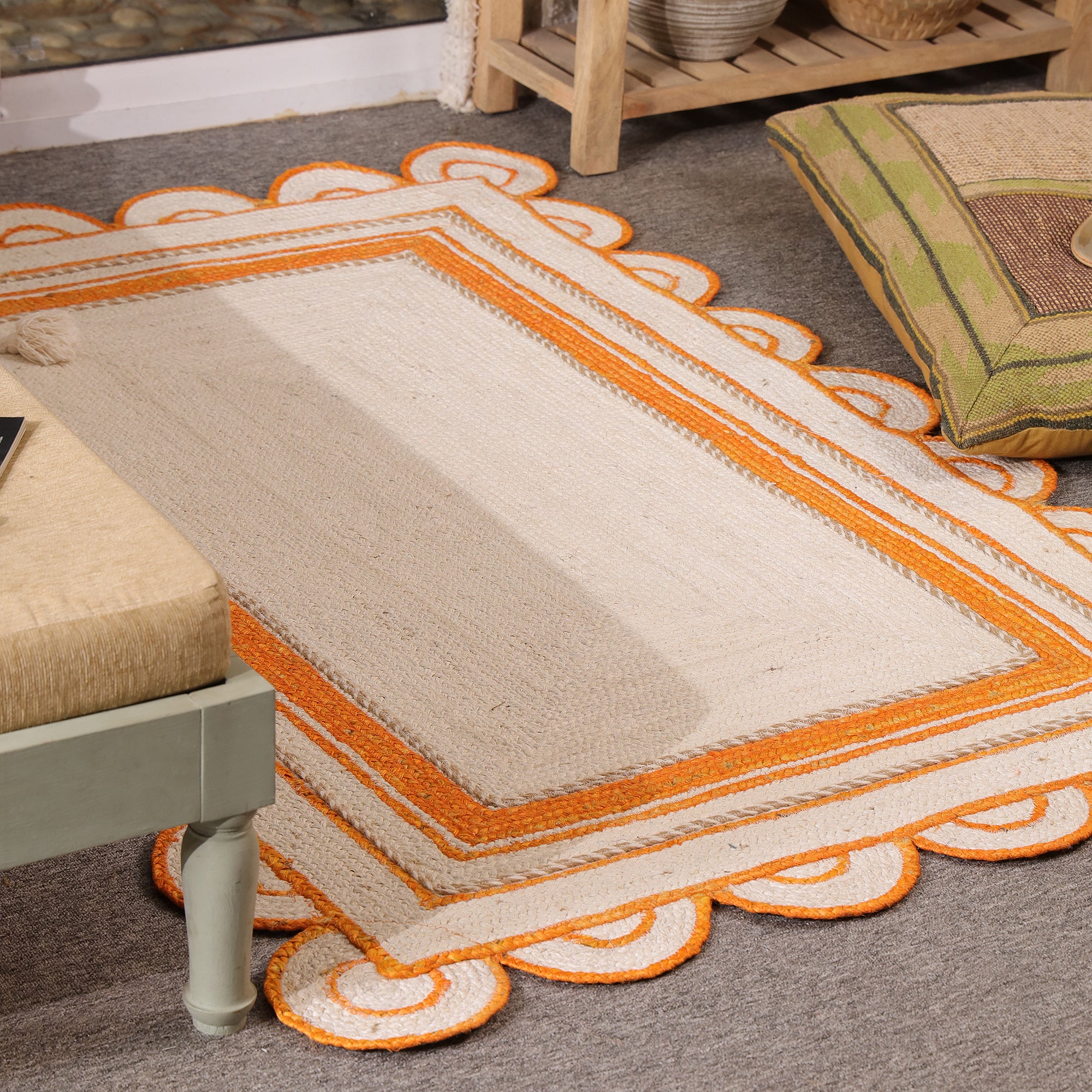 Handwoven Natural Jute Rug with Orange Sacalloped Border Eco-Friendly Braided Area Rug