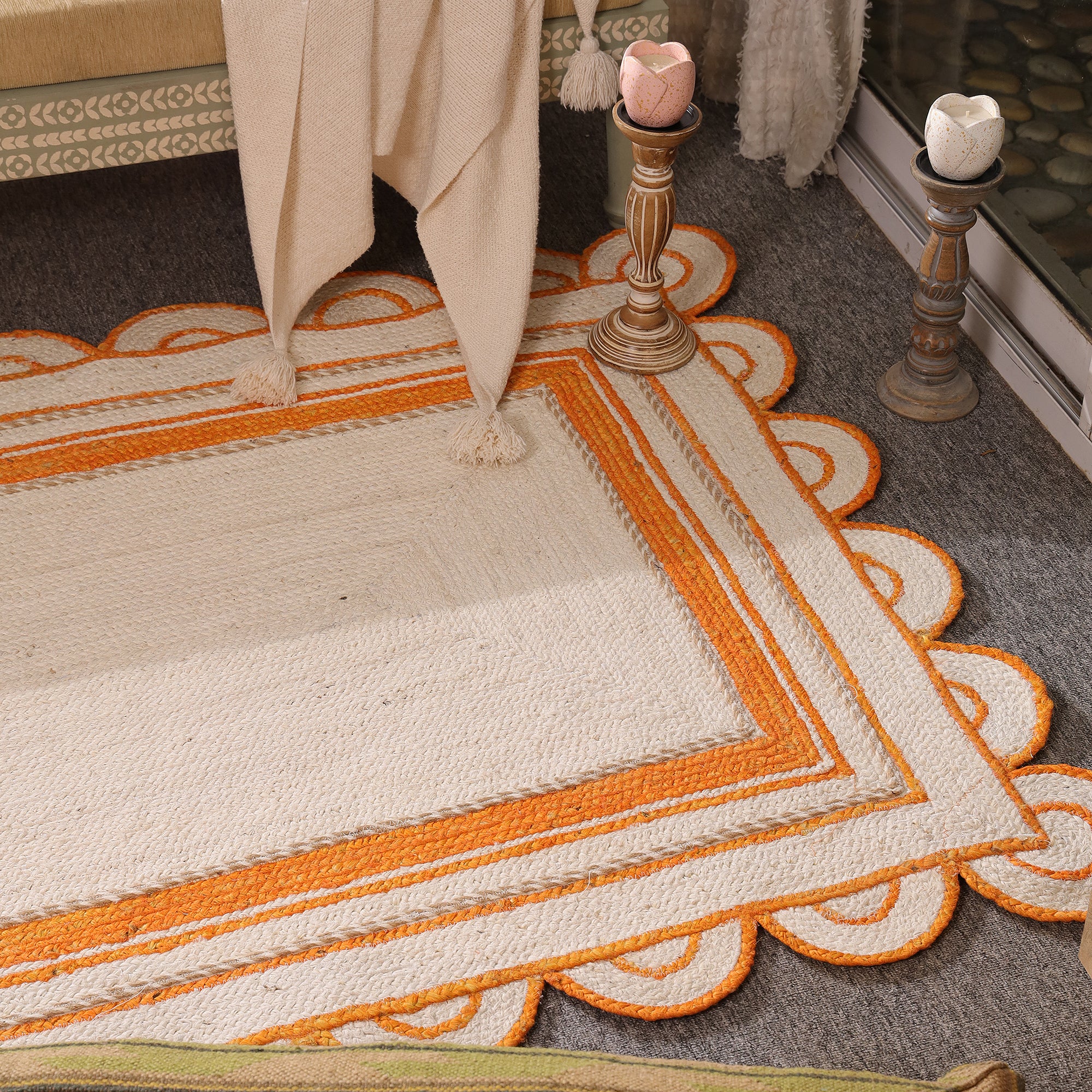 Handwoven Natural Jute Rug with Orange Sacalloped Border Eco-Friendly Braided Area Rug
