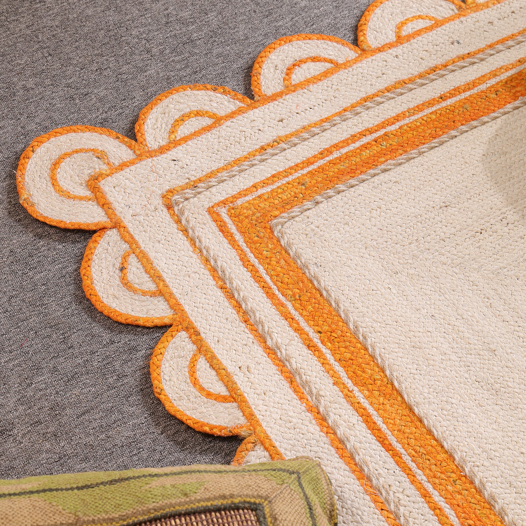 Handwoven Natural Jute Rug with Orange Sacalloped Border Eco-Friendly Braided Area Rug