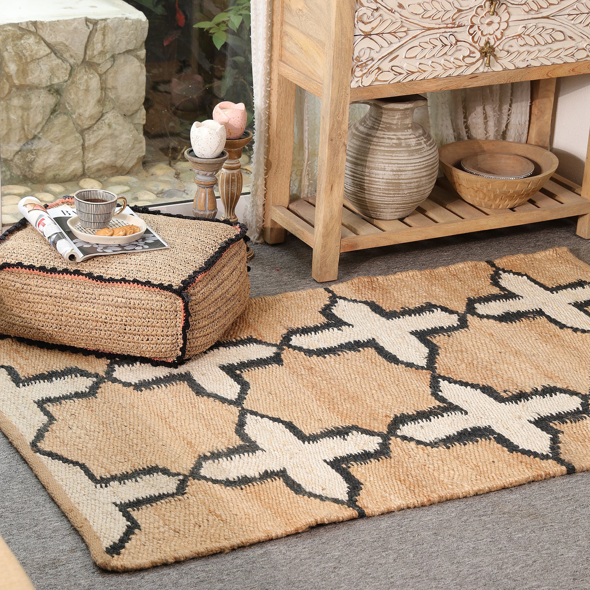 Handwoven Natural Jute Rug with Black & Ivory Geometric Pattern | Modern Boho Area Rug | Handmade Farmhouse Carpet