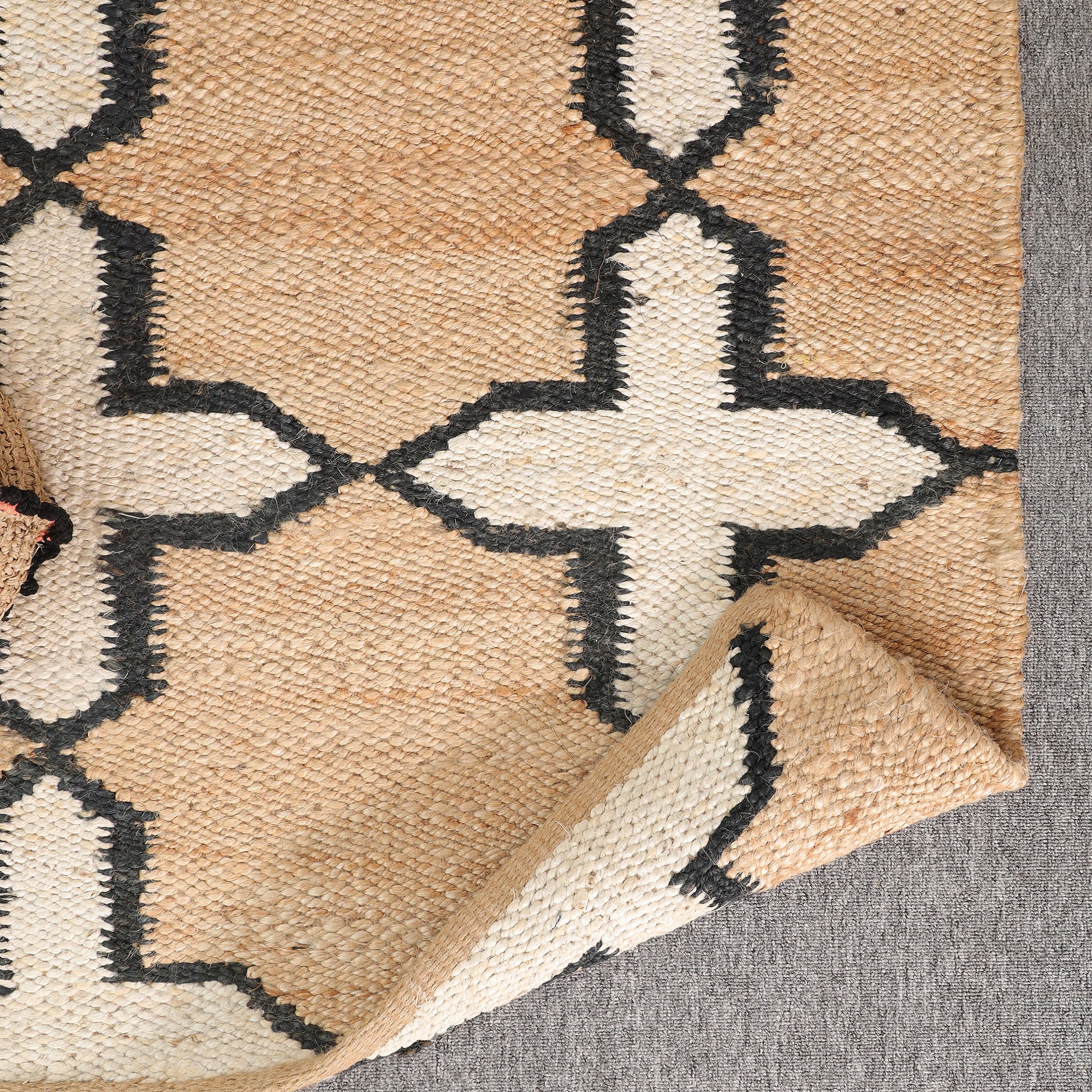Handwoven Natural Jute Rug with Black & Ivory Geometric Pattern | Modern Boho Area Rug | Handmade Farmhouse Carpet