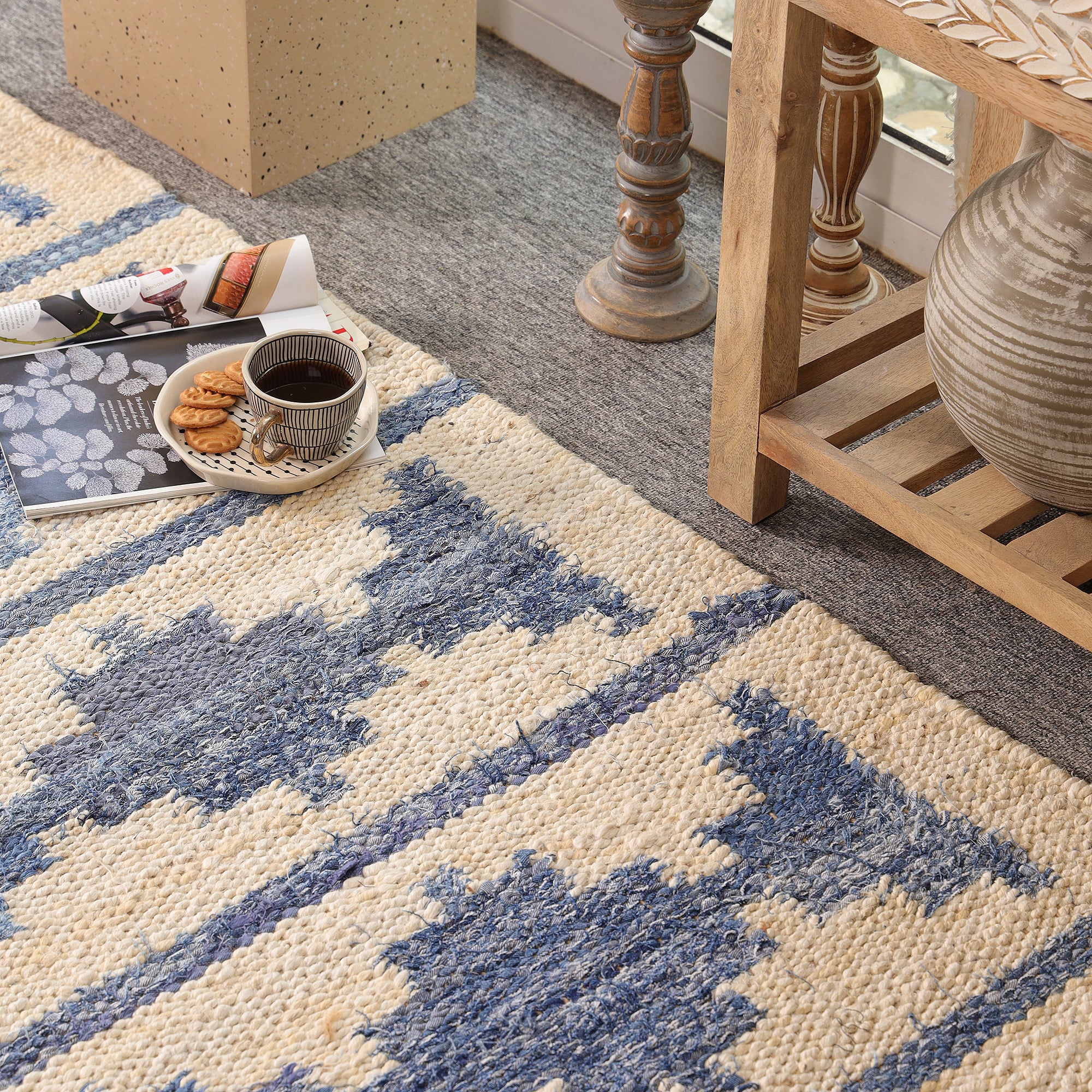 Handwoven Blue & Ivory Kilim Area Hemp Rug Modern  Geometric Living Room Carpet
