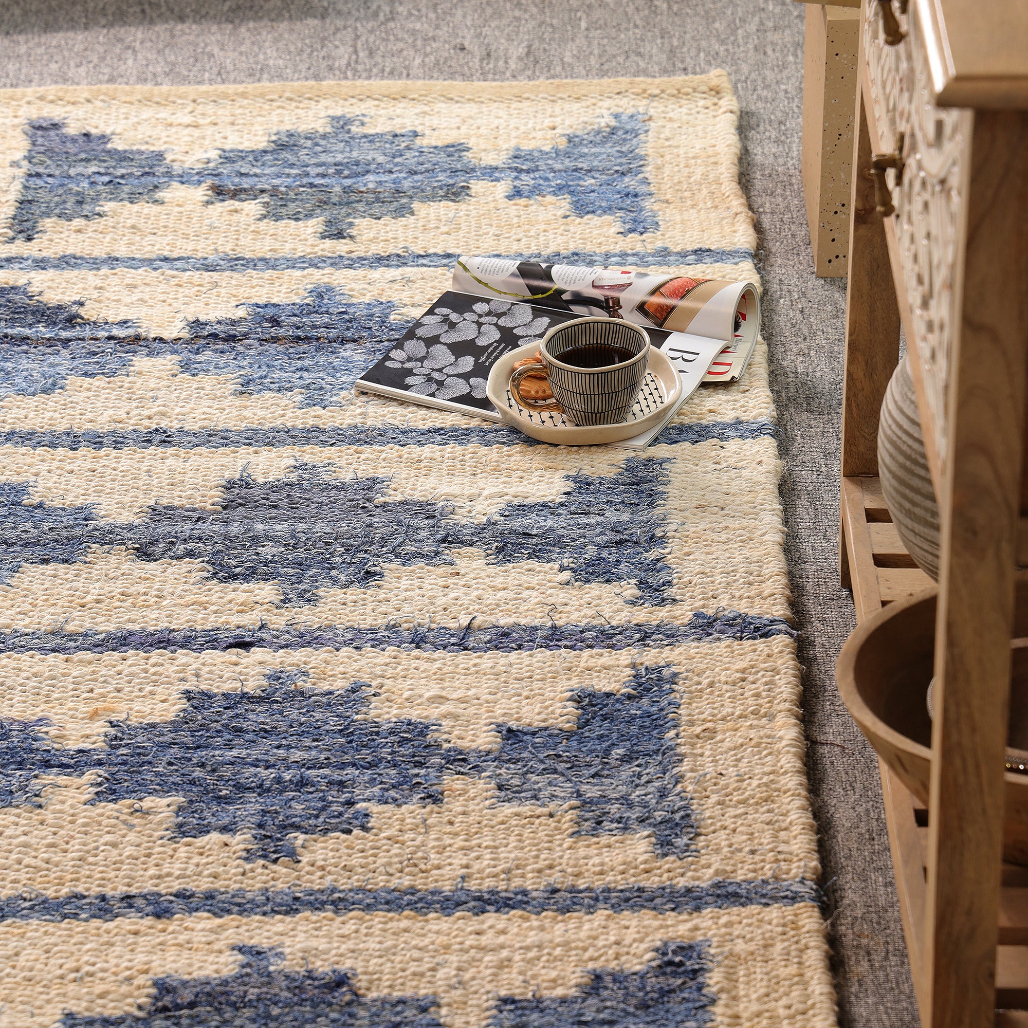 Handwoven Blue & Ivory Kilim Area Hemp Rug Modern  Geometric Living Room Carpet