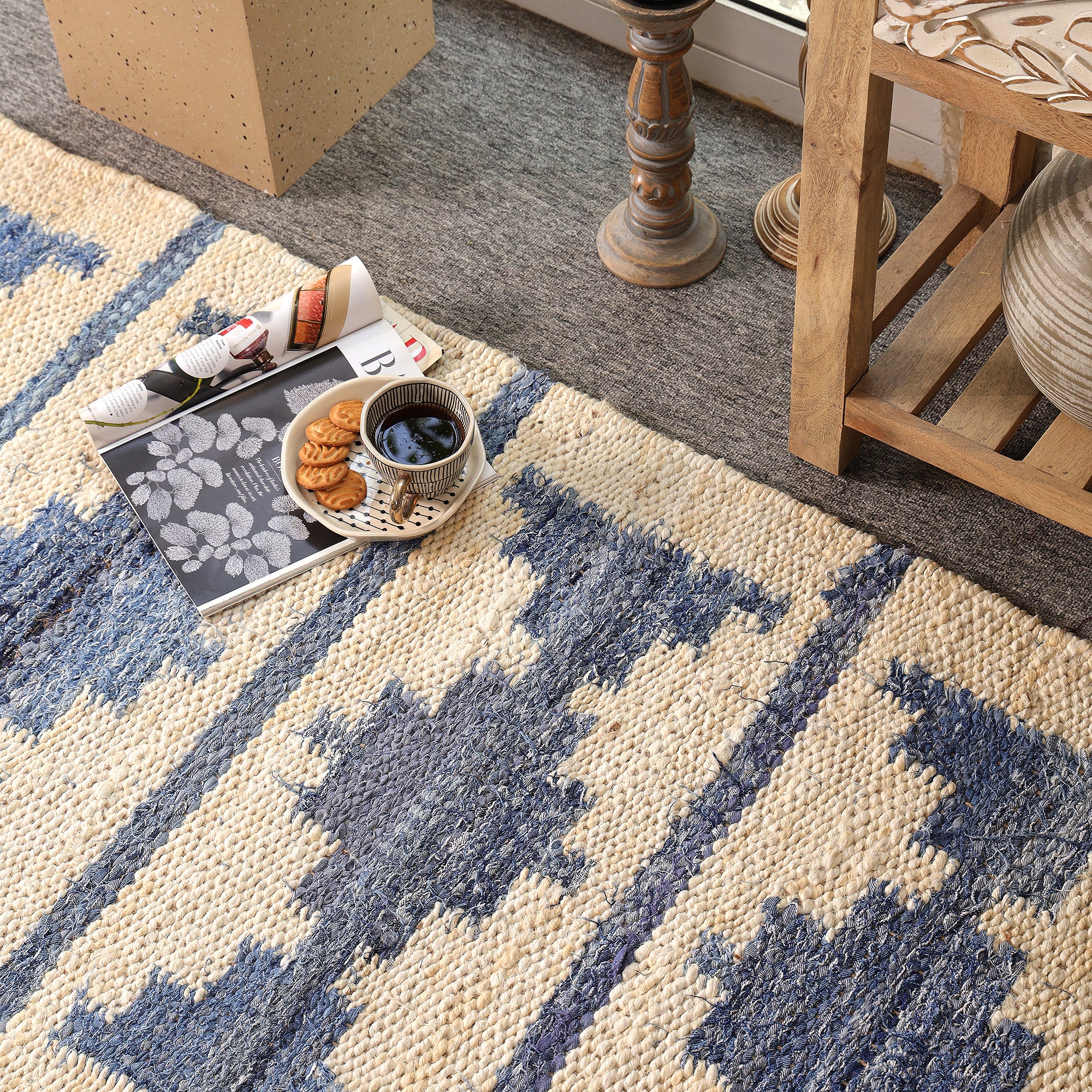 Handwoven Blue & Ivory Kilim Area Hemp Rug Modern  Geometric Living Room Carpet