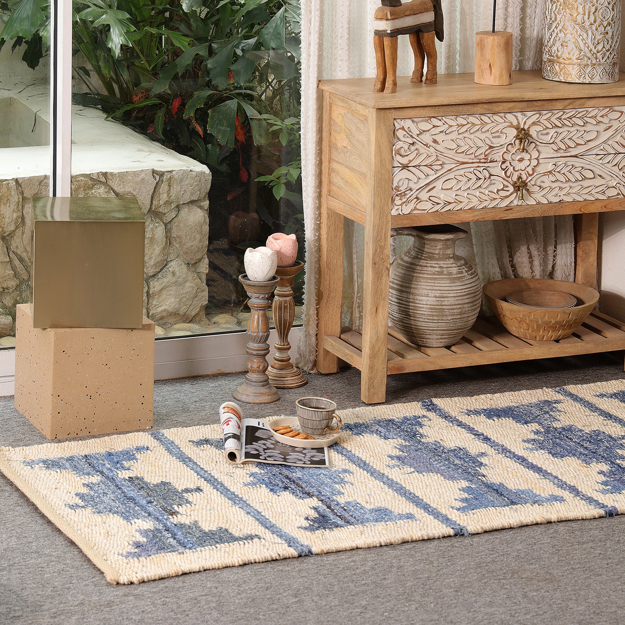 Handwoven Blue & Ivory Kilim Area Hemp Rug Modern  Geometric Living Room Carpet