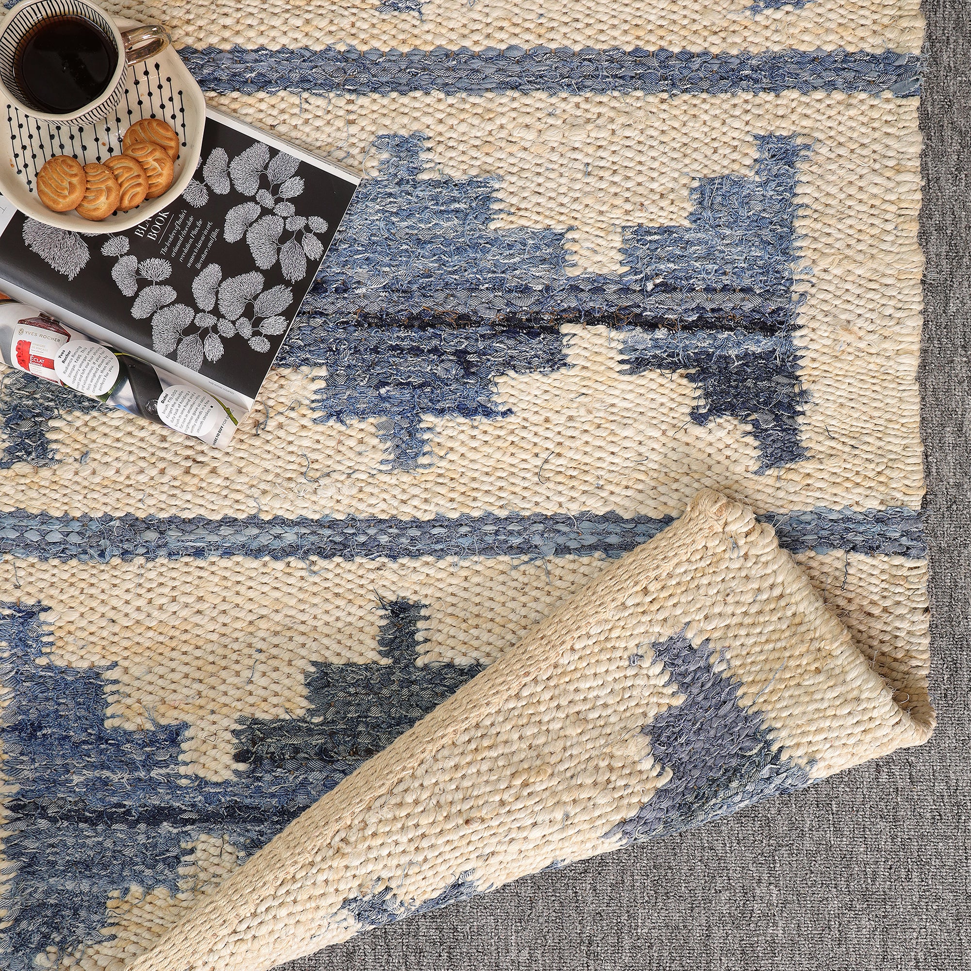 Handwoven Blue & Ivory Kilim Area Hemp Rug Modern  Geometric Living Room Carpet
