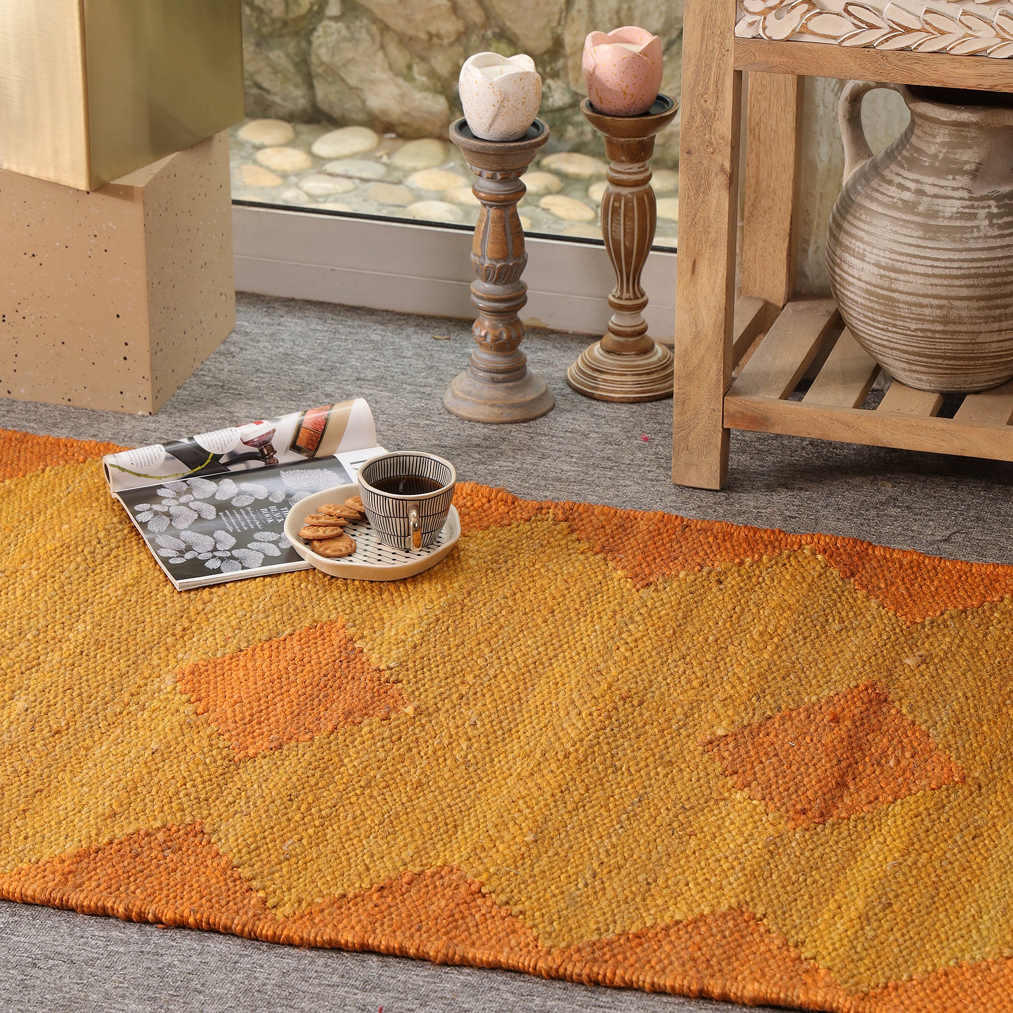 Handwoven Hemp Runner Rug Mustard &  Orange Geometric Hallway Runner