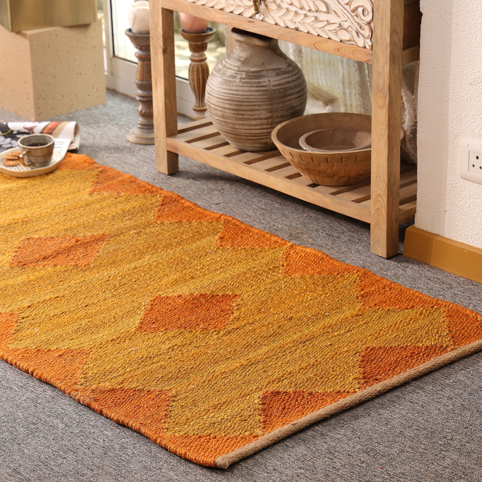 Handwoven Hemp Runner Rug Mustard &  Orange Geometric Hallway Runner