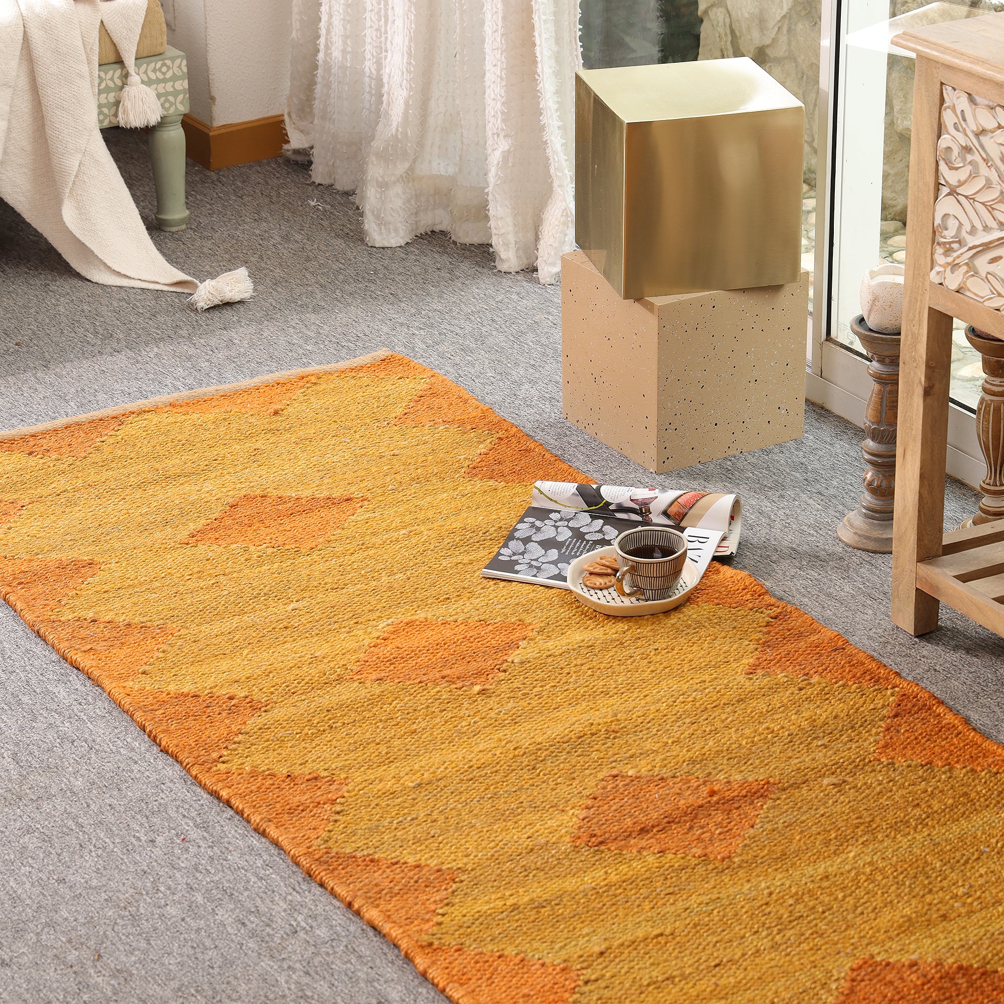 Handwoven Hemp Runner Rug Mustard &  Orange Geometric Hallway Runner
