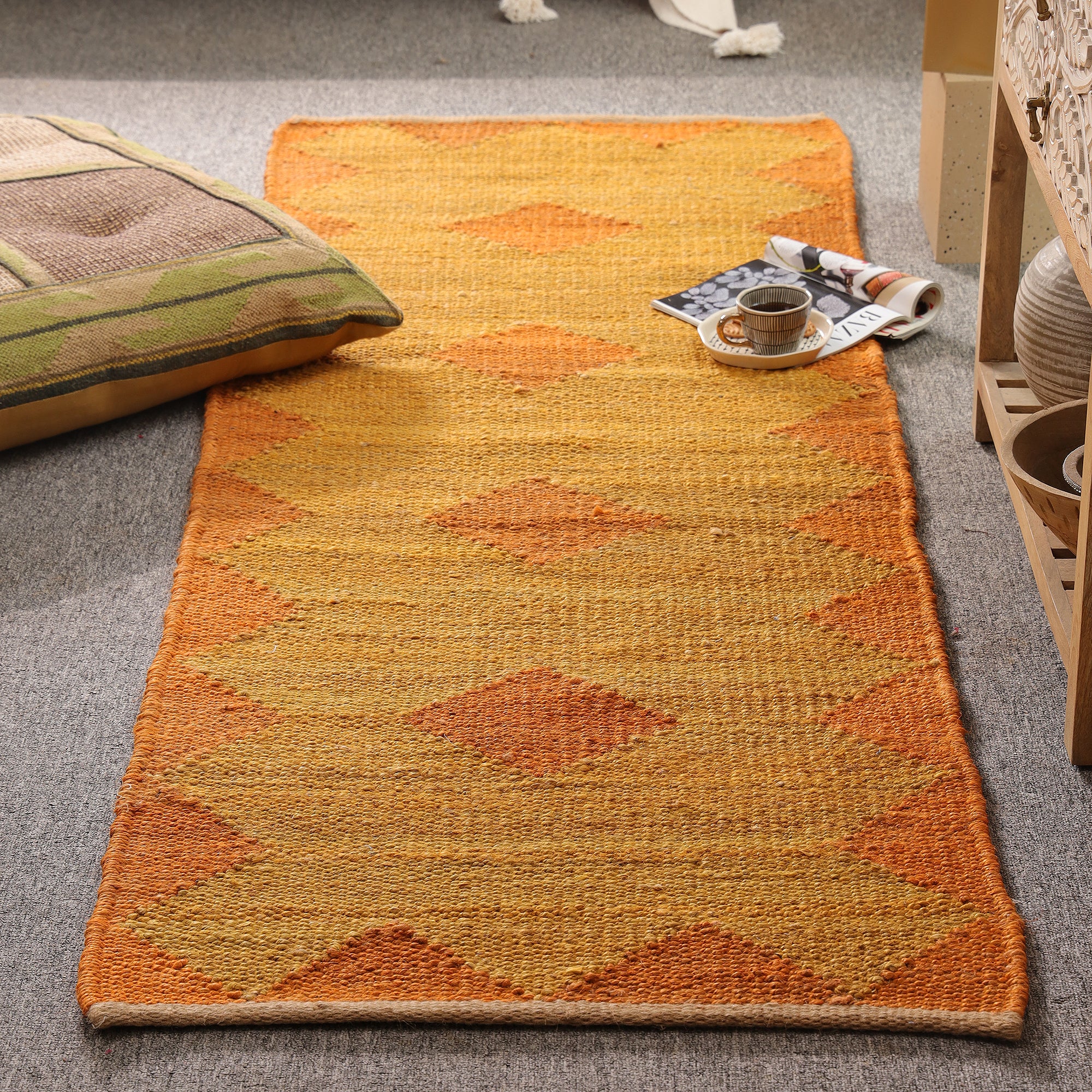Handwoven Hemp Runner Rug Mustard &  Orange Geometric Hallway Runner