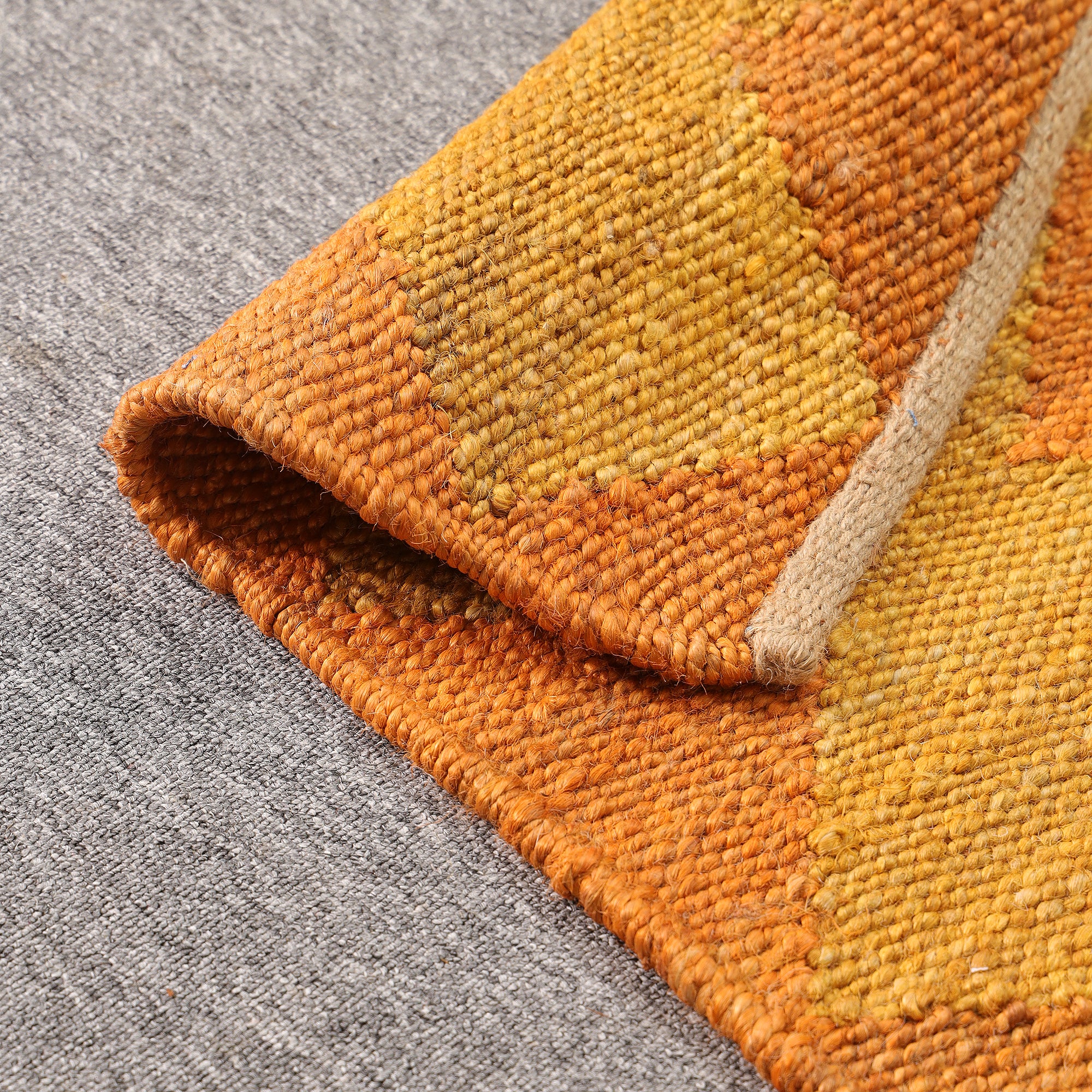 Handwoven Hemp Runner Rug Mustard &  Orange Geometric Hallway Runner