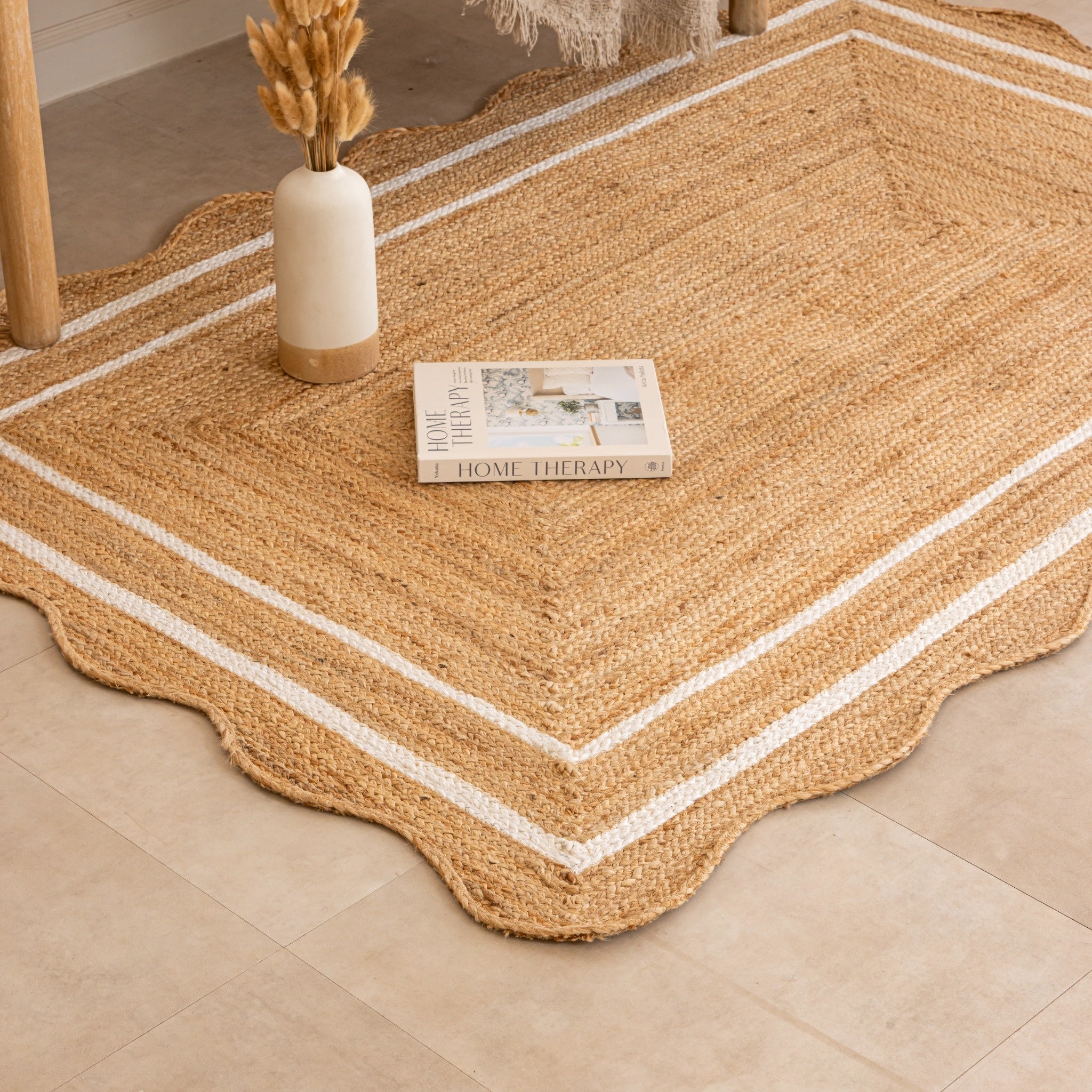 Handmade Jute Area Rug with White Border Natural Boho Woven Rug