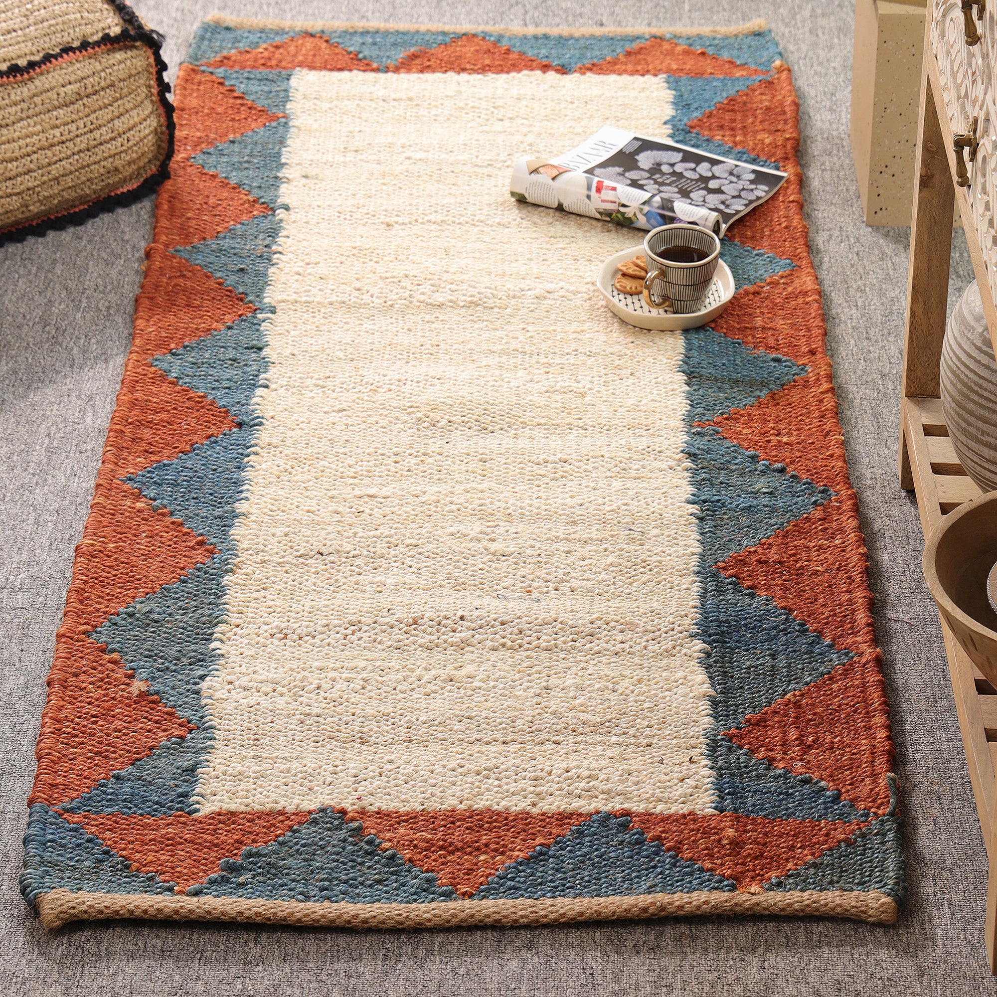 Handwoven Hemp Runner Rug Natural White Border Runner Boho Geometric Hallway & Kitchen Rug