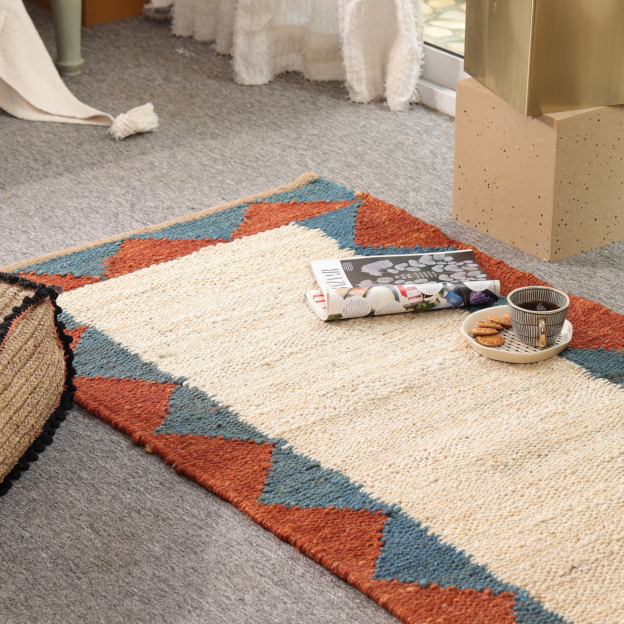 Handwoven Hemp Runner Rug Natural White Border Runner Boho Geometric Hallway & Kitchen Rug