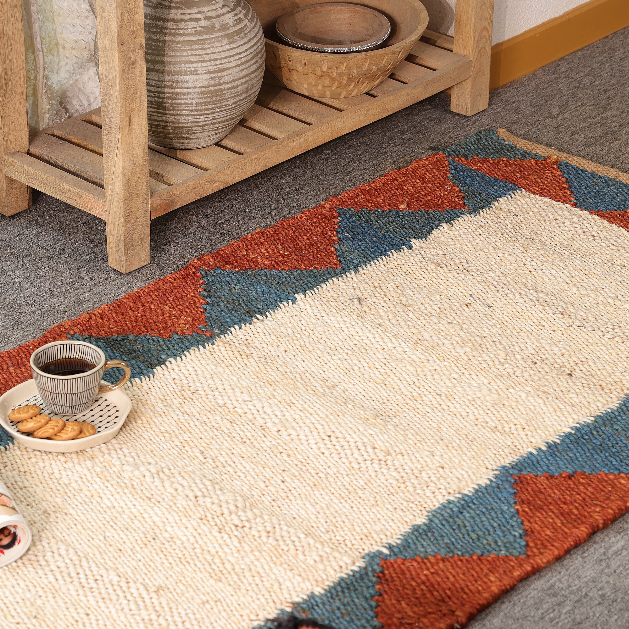 Handwoven Hemp Runner Rug Natural White Border Runner Boho Geometric Hallway & Kitchen Rug