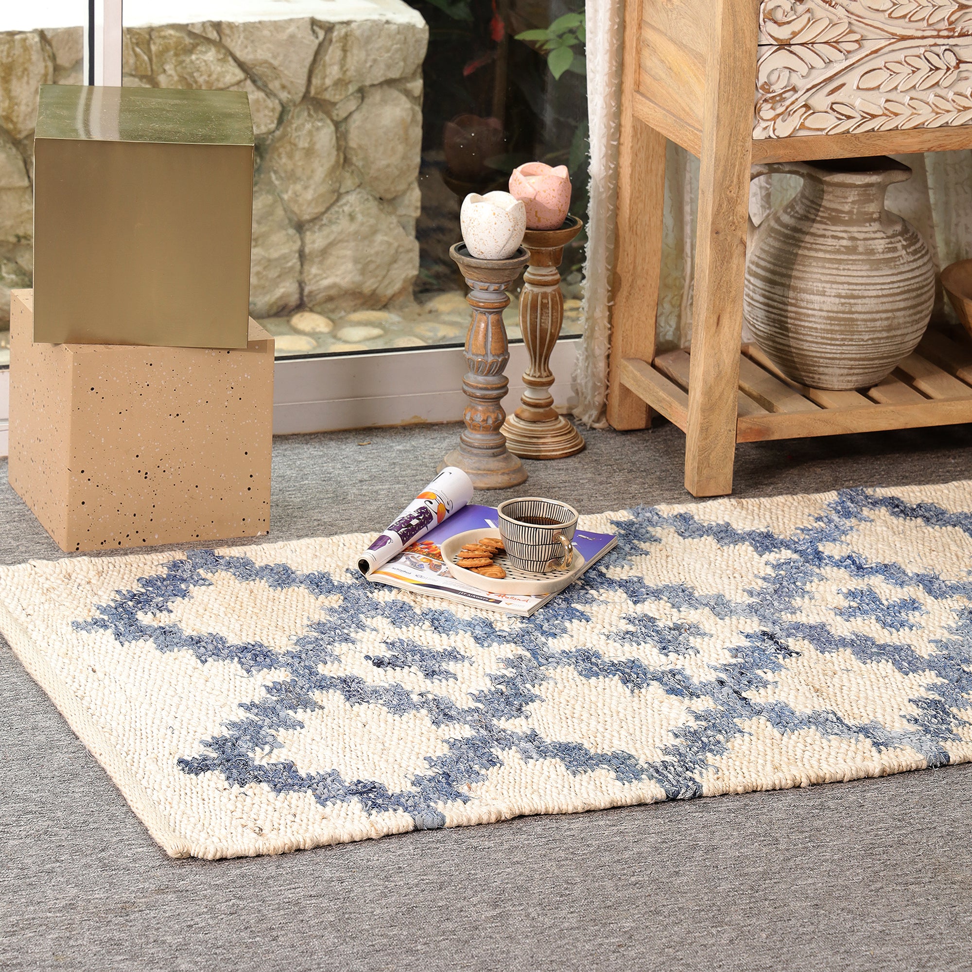 Handmade Blue & Ivory Hemp Area Rug Geometric Flatweave Rug