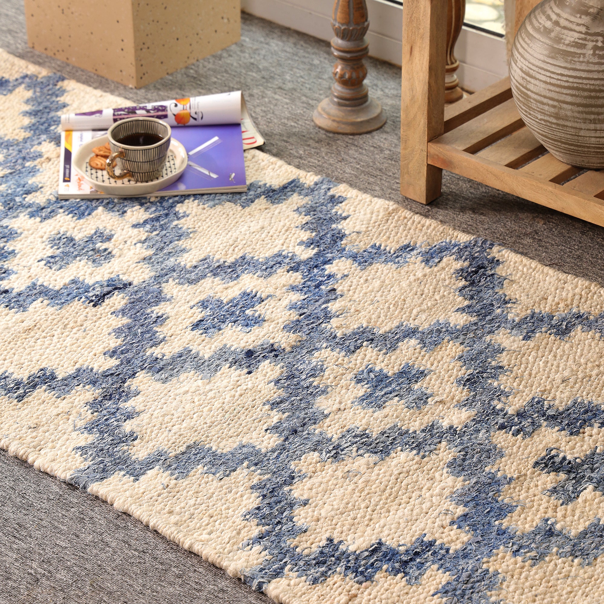 Handmade Blue & Ivory Hemp Area Rug Geometric Flatweave Rug