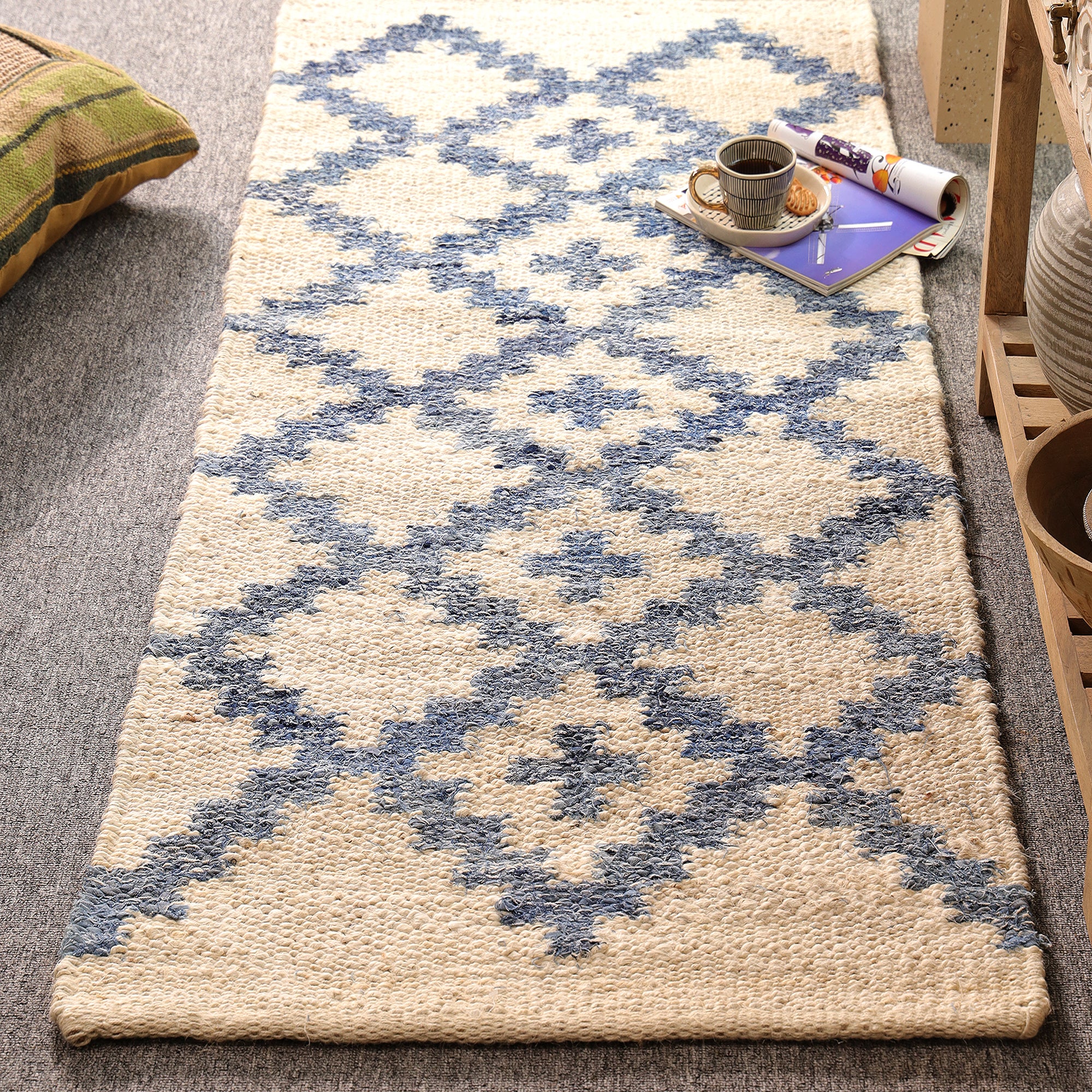 Handmade Blue & Ivory Hemp Area Rug Geometric Flatweave Rug