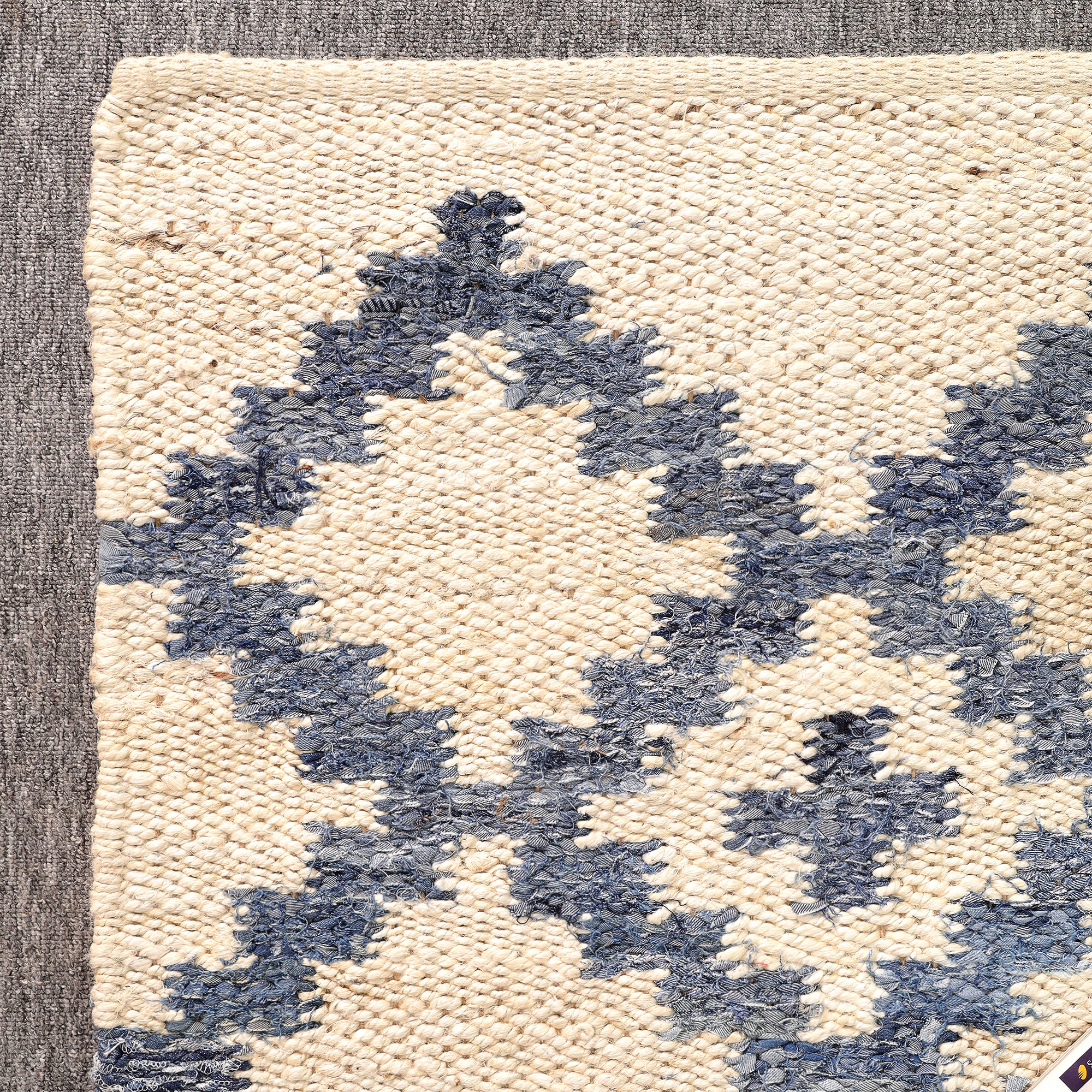 Handmade Blue & Ivory Hemp Area Rug Geometric Flatweave Rug