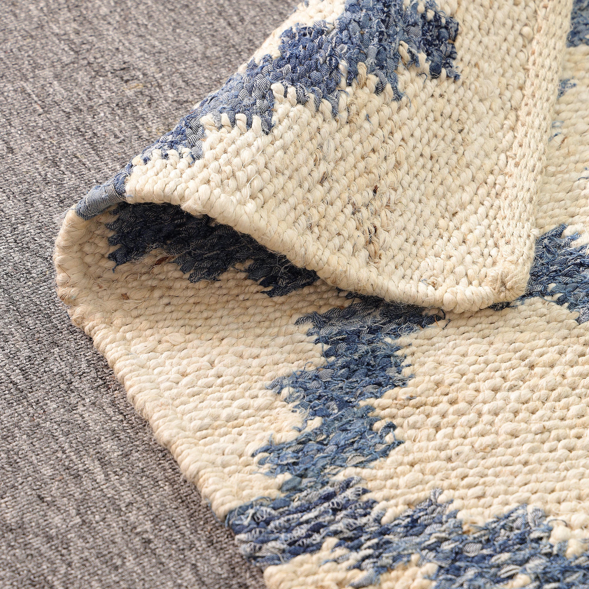 Handmade Blue & Ivory Hemp Area Rug Geometric Flatweave Rug