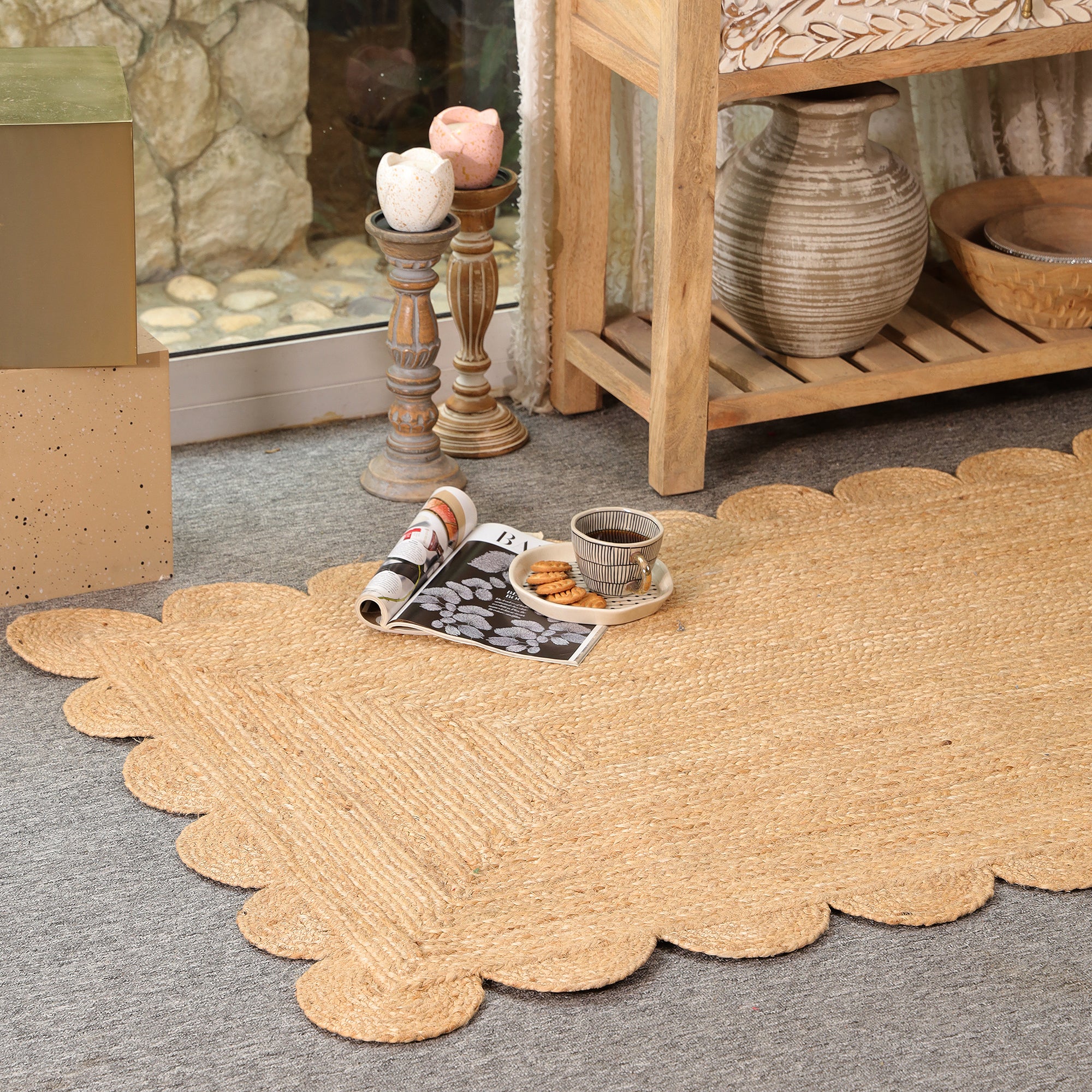 Handwoven Natural Jute Scalloped Rug Braided Boho Area Rug