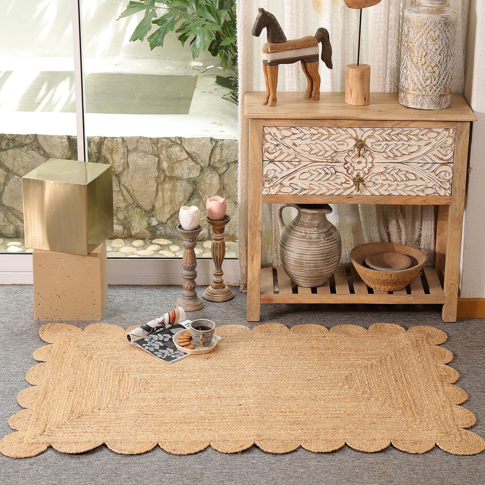 Handwoven Natural Jute Scalloped Rug Braided Boho Area Rug