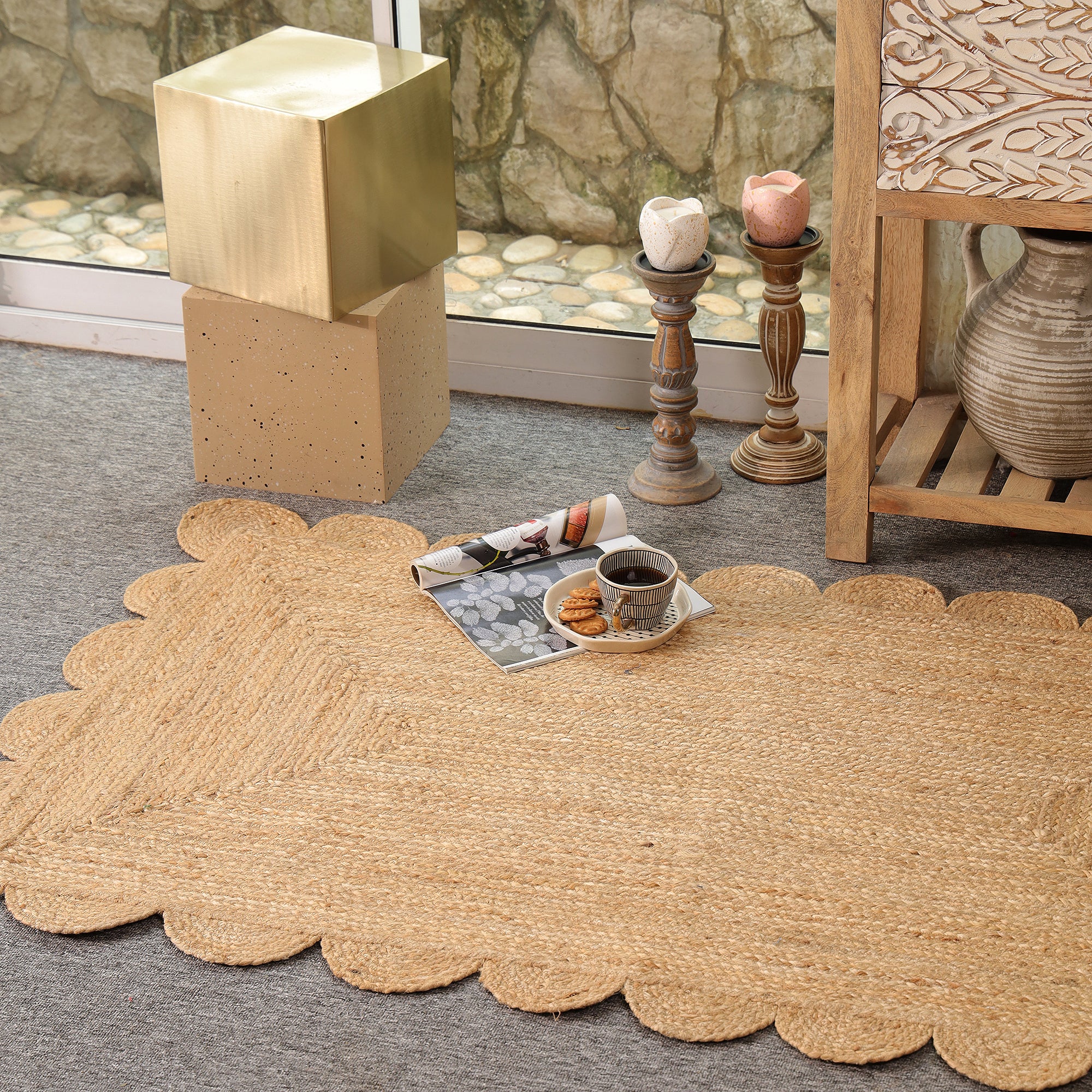 Handwoven Natural Jute Scalloped Rug Braided Boho Area Rug