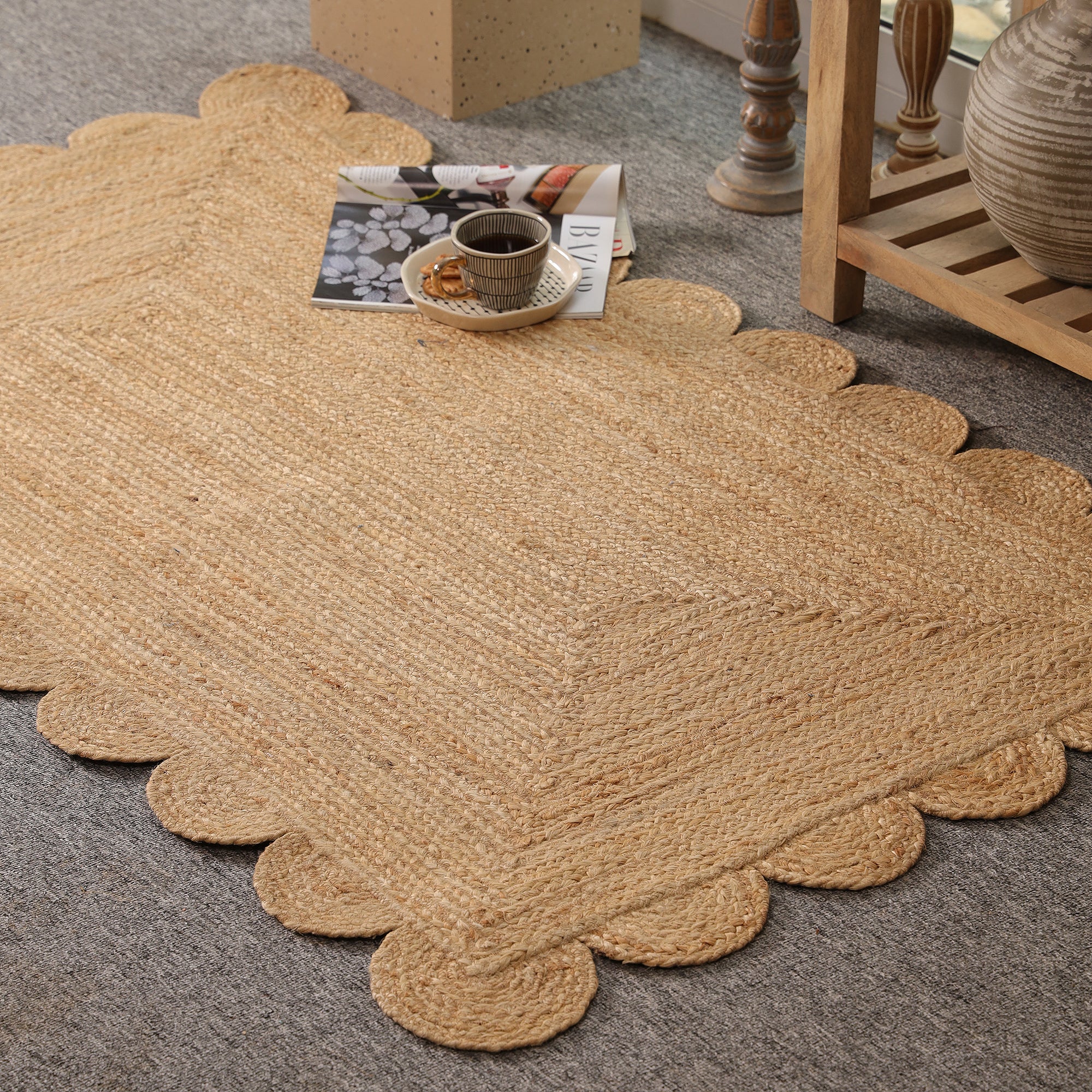 Handwoven Natural Jute Scalloped Rug Braided Boho Area Rug