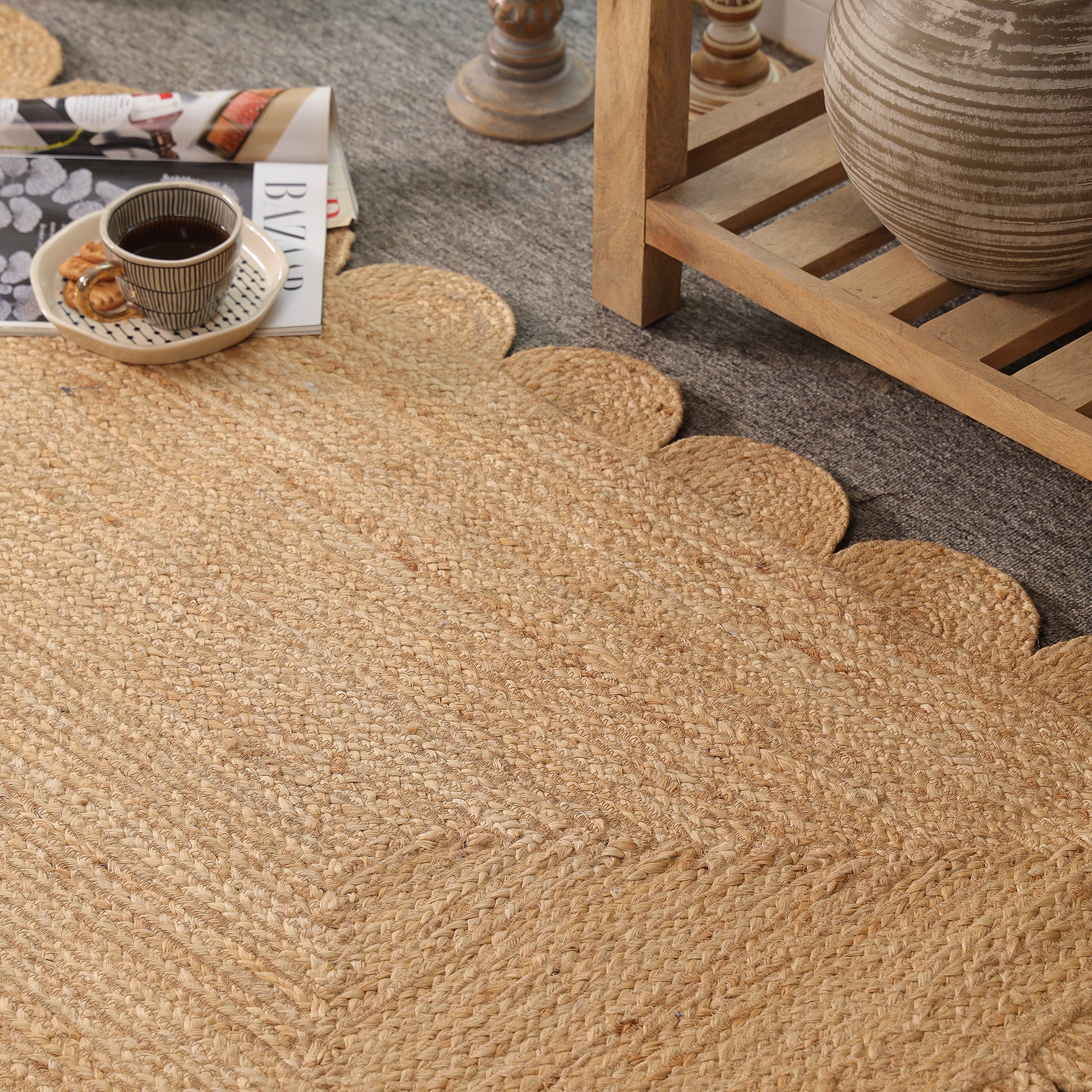 Handwoven Natural Jute Scalloped Rug Braided Boho Area Rug